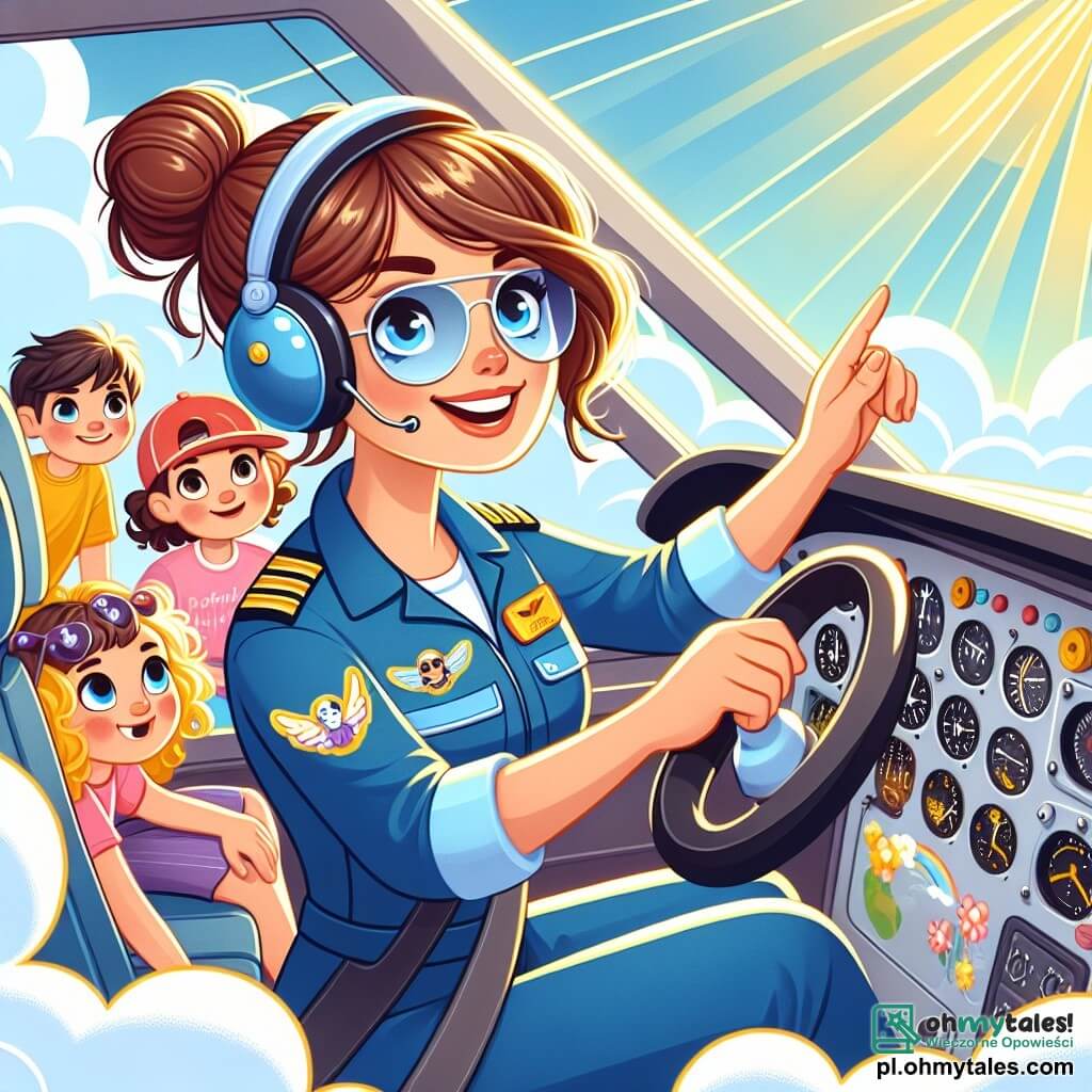 Pilotka Ania jest w kokpicie swojego kolorowego samolotu, z brązowymi włosami związanymi w kok, w jaskrawo niebieskim kombinezonie i okularach przeciwsłonecznych. Uśmiecha się szeroko, pełna ekscytacji i determinacji, pewnie trzymając ster. Obok niej znajduje się grupa czterech dzieci, dwóch chłopców i dwie dziewczynki, w wieku około 8-10 lat, które z zachwytem patrzą przez okna. Pierwsza dziewczynka ma blond włosy i różową koszulkę, a drugi chłopiec ma brązowe włosy i czerwoną czapkę, oboje zafascynowani widokiem. Druga dziewczynka, z kręconymi włosami i żółtą sukienką, wskazuje na chmury, podczas gdy ostatni chłopiec, w okularach, robi notatki w małym notesie. Miejsce akcji znajduje się w niebie, otoczone białymi, puszystymi chmurami, z jasnoniebieskim niebem w tle. Promienie słońca przebijają się przez chmury, oświetlając scenę złotym światłem. Główna sytuacja pokazuje Anię i dzieci w trakcie lotu, Ania tłumacząc, jak pilotować samolot, zręcznie nawigując wokół ciemnych chmur zapowiadających burzę, tworząc moment nauki i przygody.
