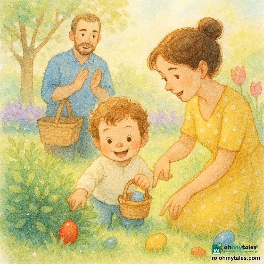 Un băiețel de 2 ani, față rotundă, păr șaten buclat, ochi strălucitori și zâmbet larg, ține un coșuleț mic de nuiele colorat și culege un ou roșu ascuns după un tufiș; mama (≈28 ani) cu păr brun prins în coc, rochie galbenă cu buline albe, e în genunchi și indică blând un alt ou sub un arbușt; tatăl (≈30 ani) cu barbă scurtă și cămașă albastră stă în picioare în spate, aplaudând și ținând un sac de picnic deschis; grădină de primăvară luminoasă cu gazon verde, borduri de flori violete și lalele, copac cu frunză nouă, lumină blândă de dimineață; vânătoare de ouă de Paște veselă și tandră — ouă colorate (roșu, galben, albastru) răspândite în iarbă, expresii de uimire, compoziție centrată pe băiat cu părinții încadrându-l.