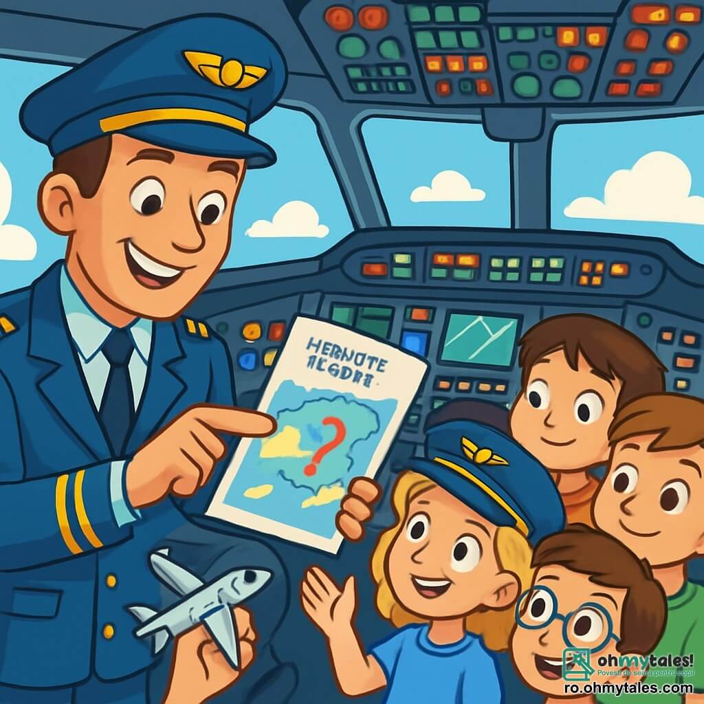 Un bărbat, căpitanul Vlad, stă în cabina de pilotaj a unui avion, zâmbind cu mândrie. Poartă o uniformă albastră strălucitoare cu epauleți aurii. Părul său brun este bine aranjat, iar ochii îi strălucesc de entuziasm. El le arată copiilor harta de zbor, indicând o destinație misterioasă. Lângă el, un grup de patru copii, două fete și doi băieți, cu vârste între 8 și 10 ani, privesc fascinați. Fata cu părul blond și creț, purtând o șapcă de pilot, ridică mâna să pună o întrebare. Băiatul cu ochelari, îmbrăcat în tricou roșu, ține un model mic de avion, în timp ce ceilalți doi copii ascultă cu atenție. Cabina de pilotaj este plină de butoane colorate și ecrane luminoase, având o vedere panoramică asupra cerului albastru. Norii albi plutesc sub avion, creând un peisaj magic. Căpitanul Vlad explică cu entuziasm cum funcționează avionul, iar copiii visează să devină piloți într-o zi.