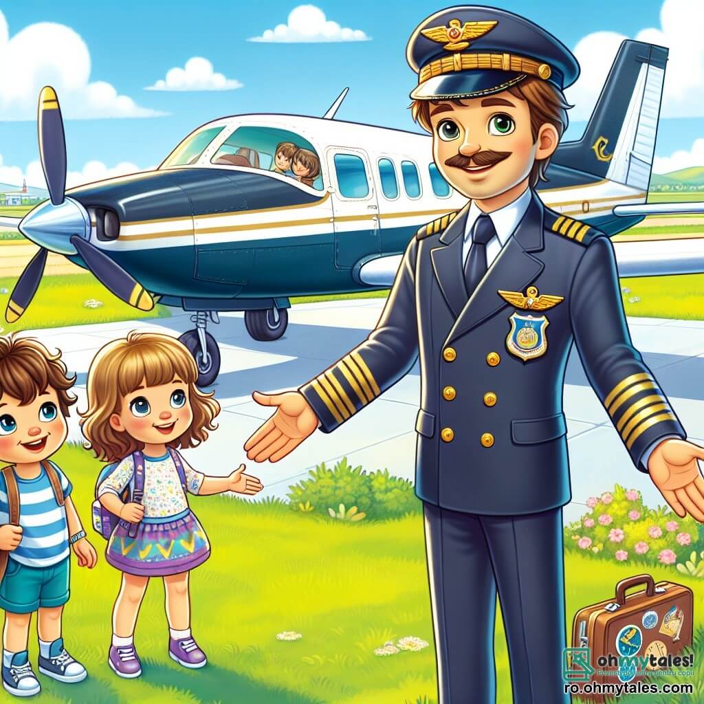 Personajul principal este un bărbat, căpitanul Andrei, un pilot zâmbitor cu părul brun și o mustață subțire. El poartă o uniformă de pilot bleu marin cu insigne aurii și stă lângă avionul său Cessna, cu brațele deschise, pregătit să primească copii pentru o aventură în ceruri. Printre personajele secundare se află Maria, o fetiță de 8 ani cu părul ondulat și o rochie colorată, care privește cu uimire avionul, cu ochii strălucind de entuziasm. Lângă ea se află Mihai, un băiat de 9 ani purtând o șapcă mare și un tricou cu dungi, care arată spre avion exclamând de bucurie. Scena se desfășoară pe un aeroport însorit, cu o pistă de aterizare vizibilă în fundal, înconjurată de câmpuri verzi și un cer albastru presărat cu câteva nori albi pufoși. Situația principală arată momentul în care căpitanul Andrei le explică copiilor cum funcționează avionul, în timp ce se pregătesc să urce la bord pentru prima lor experiență de zbor, plini de entuziasm și curiozitate.