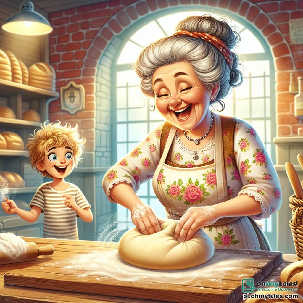 Na środku obrazu znajduje się Pani Zosia, radosna kobieta w wieku około pięćdziesięciu lat, z kręconymi, siwiejącymi włosami, w ładnym fartuchu w kwiaty. Ciepło się uśmiecha, ma mąkę na rękach i zagniata ciasto chlebowe na dużym drewnianym stole. Jej oczy błyszczą szczęściem, odzwierciedlając pasję do piekarstwa. Obok niej stoi Jasio, mały chłopiec w wieku około 7 lat, z rozczochranymi blond włosami i w pasiastym t-shircie, z zachwytem obserwujący sytuację. Trzyma w rękach małą kulkę ciasta, gotowy do formowania, stając na palcach, aby lepiej widzieć, co robi Pani Zosia. Za nimi piekarnia jest ciepłym i przytulnym miejscem, z czerwonymi cegłami, półkami pełnymi złotych chlebów i kolorowych wypieków. Łagodne światło przenika przez okna, oświetlając mąkę unoszącą się w powietrzu. Scena przedstawia Panią Zosię i Jasia tworzących zabawne kształty z ciasta chlebowego, śmiejących się razem i dzielących chwilę bliskości, symbolizując radość tworzenia i nauki w piekarni.