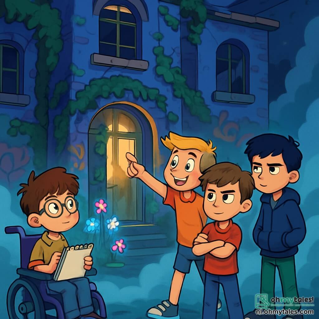 Er zijn 4 kinderen: - Viktor: Een 10-jarig jongetje met rommelig bruin haar en een bril met ronde glazen. Hij zit in een rolstoel, houdt een schetsboek vast en kijkt nieuwsgierig om zich heen. - Max: Een 11-jarig jongetje met kort blond haar en een ondeugende glimlach. Hij staat naast Viktor en wijst enthousiast naar een mysterieus gebouw. - Sam: Een 10-jarig jongetje met kastanjebruin haar en sprankelende ogen. Hij staat iets naar voren met gekruiste armen en een vastberaden uitdrukking. - Lenny: Een 10-jarig jongetje met zwart haar en een sceptische blik. Hij staat op de achtergrond met zijn handen in zijn zakken en observeert aandachtig de scène. De locatie is een oud, verlaten gebouw, omringd door een dichte mysterieuze mist. De muren zijn bedekt met groene klimop en kleurrijke graffiti, terwijl gebroken ramen een sprankelend licht van binnenuit laten zien. Vreemde, lichtgevende bloemen groeien rond de ingang en voegen een vleugje magie aan de sfeer toe. De belangrijkste situatie toont de kinderen die voor de deur van het gebouw staan, klaar om naar binnen te gaan. De mist draait om hen heen en creëert een intrigerende en licht verontrustende sfeer. De kinderen wisselen vastberaden blikken uit, klaar om de geheimen die binnen verborgen zijn te ontdekken.
