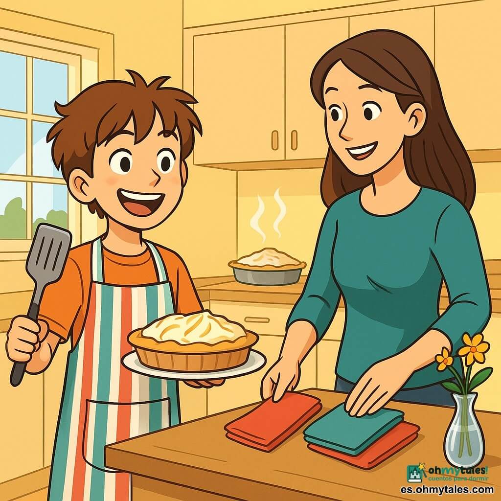 Un niño de 10 años, Lucas, con cabello castaño desordenado y ojos brillantes de alegría, está de pie en una cocina luminosa. Lleva un gran delantal a rayas que casi le llega a las rodillas, y su rostro expresa una emoción contagiosa mientras sostiene una espátula en una mano y un plato de pastel en la otra. A su lado, su mamá, una mujer de unos treinta años con cabello largo y castaño, sonríe cálidamente mientras decora la mesa con servilletas coloridas y flores. En el fondo, se puede ver un horno abierto, dejando escapar un dulce aroma a limón y merengue. La cocina es espaciosa, con paredes pintadas de amarillo pastel, una gran encimera de madera y ventanas que dejan entrar la luz del sol, iluminando la escena con un ambiente alegre y festivo. Lucas, con una expresión de orgullo y anticipación, se prepara para sorprender a su papá con un pastel casero para el Día del Padre, mientras su mamá lo anima con una mirada cómplice.