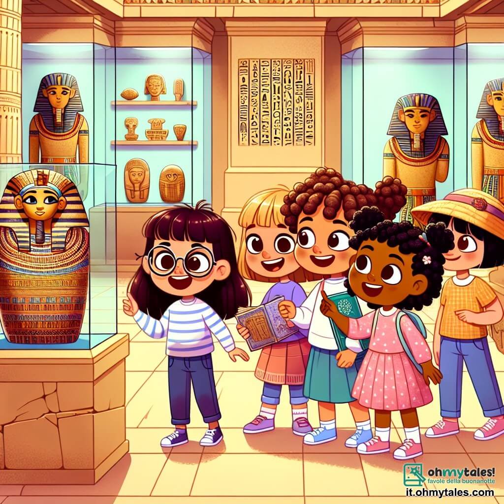 In primo piano, quattro ragazze di sei anni sono insieme, sorridenti e entusiaste. Chiara, con lunghi capelli castani e occhiali rotondi, guarda con meraviglia un grande sarcofago decorato di geroglifici. Alla sua destra, Marta, con capelli biondi e ricci, indica un'amuleto scintillante. A sinistra, Sofia, con trecce nere e un vestito rosa, tiene un libro di storie sull'Egitto. Infine, Giulia, con capelli castani e un cappello di paglia, prende appunti in un piccolo quaderno. Sullo sfondo, si vede un museo egiziano con muri di pietra beige e vetrine piene di reperti antichi. Statue di divinità egiziane si ergono maestose, e papiri sono appesi ai muri, raccontando storie di antichi faraoni. Le ragazze sono affascinate dal sarcofago, immaginando avventure nell'antico Egitto, mentre una tempesta di sabbia si solleva all'esterno, creando un'atmosfera misteriosa e magica.