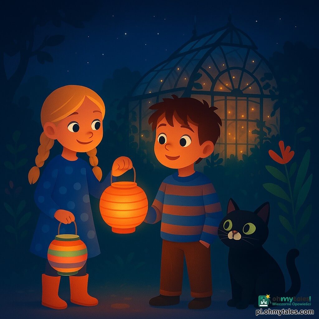 Dziesięcioletni Jaśek o brązowych, potarganych włosach i oczach pełnych ciekawości trzyma mały papierowy lampion, który delikatnie się świeci. Ma na sobie pasiasty sweter i sztruksowe spodnie, a jego wyraz twarzy jest pełen zachwytu. Obok niego czarny kot z białą plamką na nosie ociera się o jego nogi, a jego zielone oczy wpatrują się w lampion. Dziewięcioletnia dziewczynka z blond warkoczami i figlarnym uśmiechem trzyma drugi kolorowy lampion, stojąc po lewej stronie Jaśka. Ma na sobie sukienkę w kropki i kalosze. W tle wznosi się majestatycznie stara szklana oranżeria, oświetlona małymi migoczącymi światłami, otoczona pnączami i egzotycznymi kwiatami. Scena rozgrywa się podczas magicznej nocy Halloween, gdzie lampiony oświetlają drogę, a cienie tańczą wokół dzieci, tworząc atmosferę tajemnicy i odkrywania.