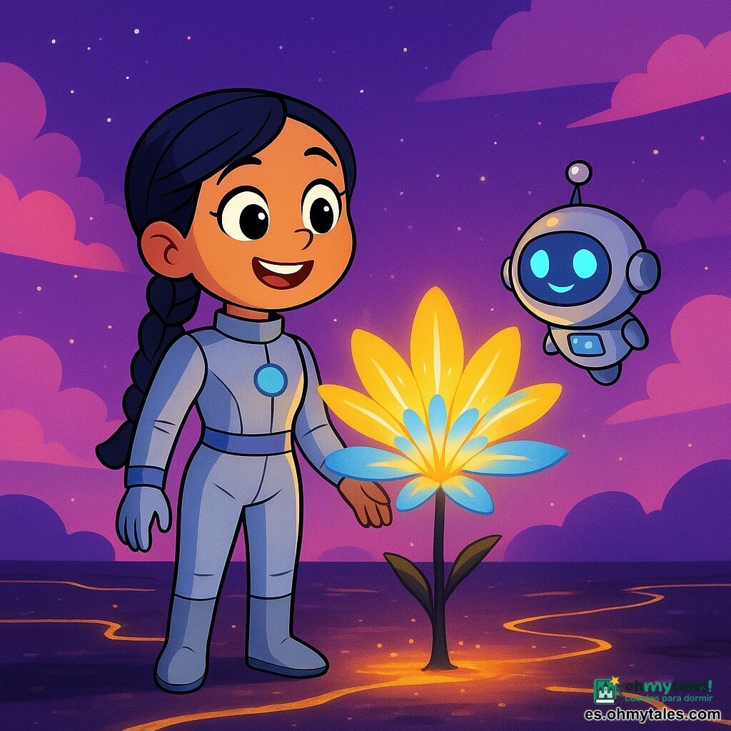 Una mujer, la comandante Lía, está de pie en el suelo brillante de Tala-7, con una sonrisa maravillada en su rostro. Tiene el cabello negro trenzado, ojos brillantes de curiosidad y lleva un elegante uniforme espacial plateado. Observa una hermosa flor de luz con pétalos dorados y azules que se abre frente a ella, iluminando su rostro con un suave resplandor. Cerca, un pequeño robot redondo, llamado Pipo, flota en el aire. Pipo tiene un cuerpo plateado y ojos luminosos, y registra los datos de la misión con una pequeña pantalla que parpadea alegremente. El paisaje es una mezcla encantadora de cielo violeta, nubes rosas y un suelo liso y oscuro, salpicado de líneas brillantes que centellean como ríos de luz. La escena principal muestra a Lía explorando esta franja crepuscular mágica, maravillada por la belleza del lugar y el descubrimiento de la flor luminosa que parece hacerle señas.