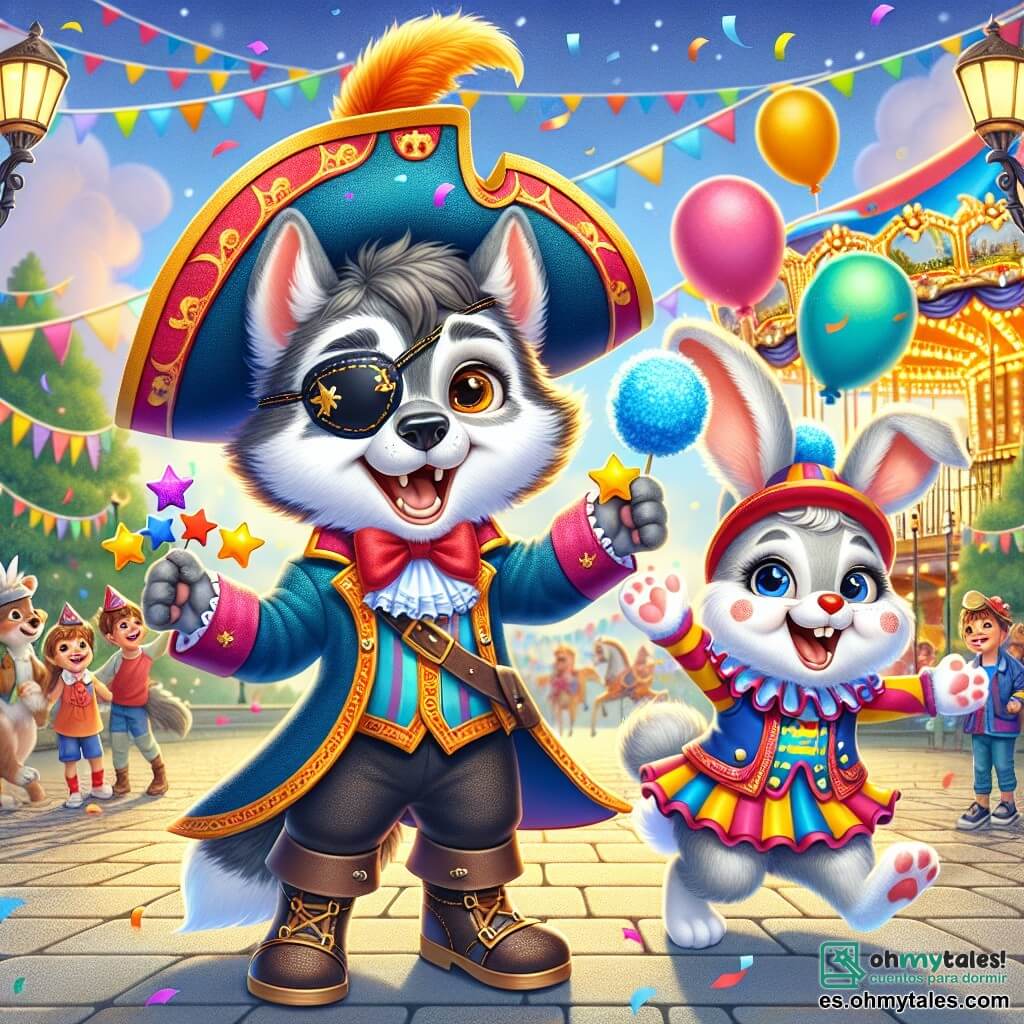 Ilustración de un pequeño lobo masculino vestido con un colorido traje de pirata, un gran sombrero y un parche en el ojo. Sonríe alegremente y tiene ojos chispeantes de emoción, sosteniendo tres estrellas brillantes en sus patas. A su lado, un pequeño conejo masculino con pelaje blanco y grandes orejas lleva un traje de payaso de colores vivos y una nariz roja. Sonríe ampliamente, saltando de alegría mientras sostiene un gran trozo de algodón de azúcar azul. En el fondo, el parque está lleno de decoraciones de carnaval: globos de colores flotan en el cielo, guirnaldas de luces brillan alrededor de los árboles y un gran carrusel gira suavemente, iluminado por farolitos. La escena principal muestra al pequeño lobo celebrando su victoria en el concurso de disfraces, rodeado de amigos, en un ambiente festivo y alegre. Confeti vuela por el aire y los niños ríen y bailan a su alrededor, creando una atmósfera mágica y colorida.