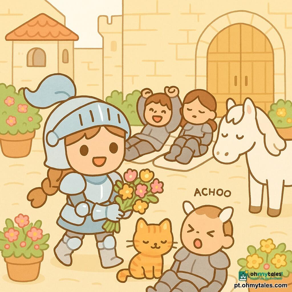 Uma cavaleira sorridente e corajosa, com armadura brilhante prateada e azul-pastel e trança castanha, segura um buquê de flores enquanto se aproxima para acordar gentilmente três guardas adormecidos; ao lado dela, um cavalo branco chamado Nuvem observa calmo e protetor, e um gatinho laranja às riscas ronrona nos seus braços. A cena passa no pátio de uma pequena torre de guarda do castelo, com chão de pedras claras, vasos de flores, muro de pedra quente e uma grande porta de madeira dourada; luz suave da manhã, cores pastel, ambiente alegre e reconfortante.