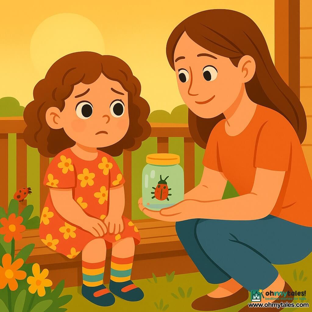 A 4-year-old girl with big bright eyes and curly hair is sitting on a wooden porch. She wears colorful striped socks and a floral dress, her face showing slight worry but also curiosity. Next to her, her mother, a woman in her thirties with long straight hair, is crouching down, gently smiling at her while showing a small paper insect in a jar. The porch is surrounded by colorful flowers and green grass, bathed in the golden light of the setting sun. The scene exudes a peaceful and warm atmosphere. The little girl watches a small red ladybug walking on the railing, her heart racing a bit faster, but she focuses on her breathing, ready to overcome her fear.