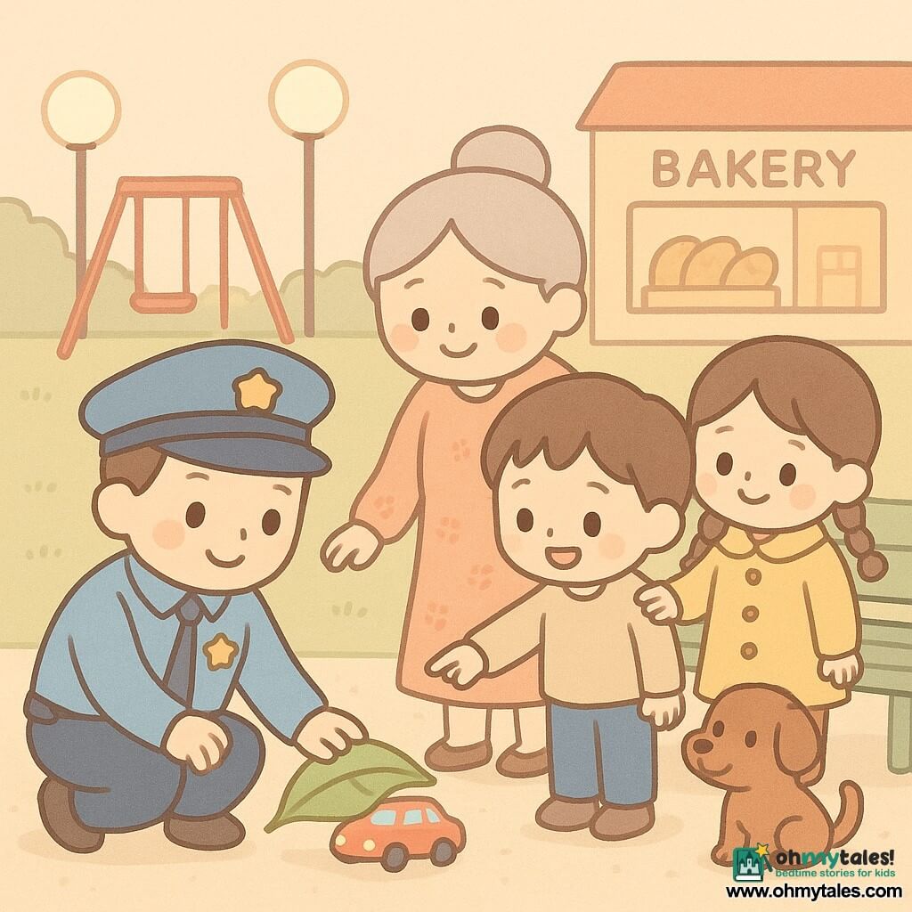 A kind smiling policeman kneels in a soft pastel blue coat and cap, reaching for a small toy car under a leaf while a tearful-to-happy four-year-old boy with short brown hair points at it; behind them Mrs. Li, an elderly woman with gray hair in a bun and a floral dress, gently rests a hand on the boy’s shoulder; nearby six-year-old Hana with two braids and a yellow coat holds her mother’s hand and watches from a green-painted bench where a small short-haired brown dog sits wagging its tail; the neighborhood park at dusk has light gravel paths, a red swing, round lampposts casting warm light, and a bakery storefront in the background; the scene is centered, comforting, with simple rounded shapes and light pastel colors.