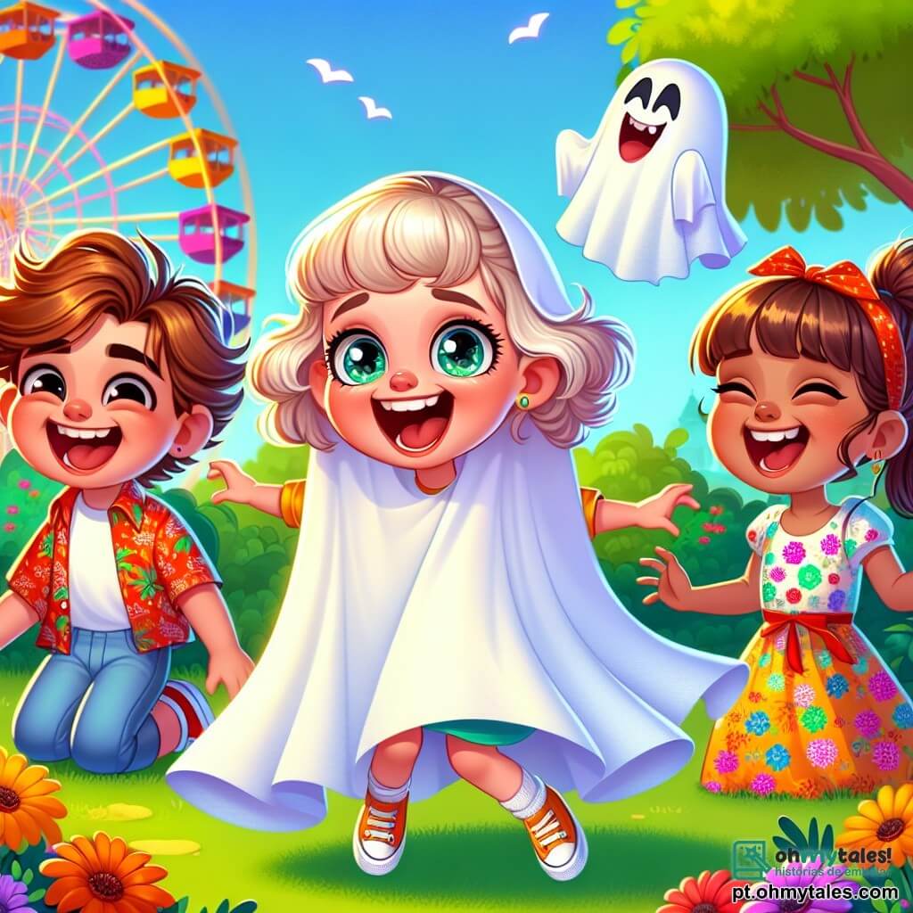 Uma menina de 6 anos, Lila, com grandes olhos brilhantes e cabelos cacheados, usa um lençol branco como fantasia de fantasma. Ela sorri amplamente, mostrando seu entusiasmo e alegria, fazendo caretas engraçadas. Ao seu lado, seu amigo Pedro, um garoto de 6 anos com cabelos castanhos bagunçados e um boné vermelho, ri muito, segurando a barriga de tanto rir. Ana, uma menina de 6 anos com cabelos longos e lisos, vestindo um vestido florido, também está presente, com as mãos na cintura, rindo da situação. A cena acontece em um parque ensolarado, com árvores verdes e flores coloridas ao redor. Ao fundo, uma roda-gigante colorida gira suavemente, adicionando uma atmosfera festiva à ilustração. Lila, disfarçada de fantasma, tenta fazer seus amigos rirem, escondendo-se atrás de uma árvore e fazendo barulhos de fantasma, criando uma atmosfera alegre e lúdica.