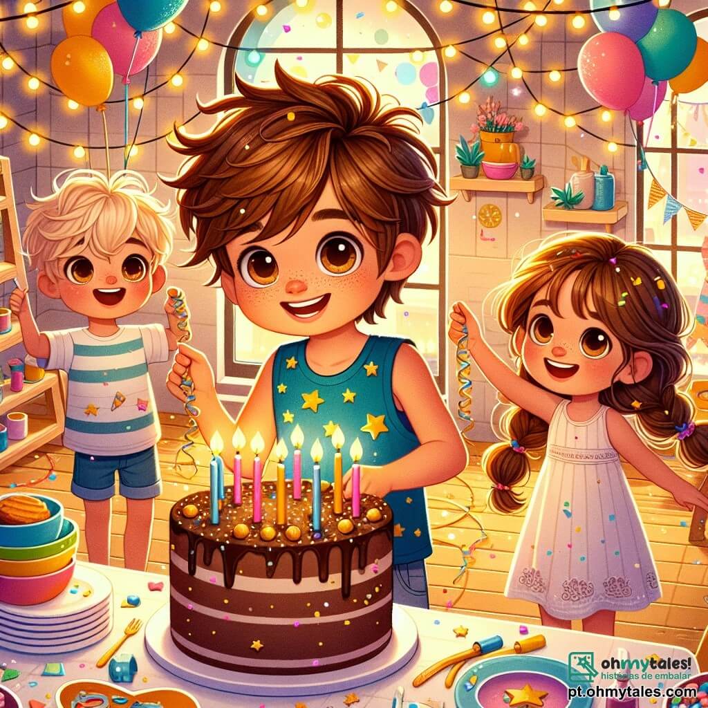 Um garoto de 8 anos, Tomás, com cabelos castanhos bagunçados e olhos brilhantes de alegria, usa uma camiseta azul decorada com pequenos foguetes coloridos. Ele sorri amplamente, com as bochechas rosadas de excitação, enquanto decora uma grande mesa com confetes em forma de estrelas douradas. Ao lado dele, Lucas, um garoto de 8 anos com cabelos loiros e óculos redondos, se dedica a pendurar balões coloridos nas paredes, enquanto Sofia, uma menina de 8 anos com tranças castanhas e um vestido rosa, dança alegremente segurando fitas brilhantes. A cena ocorre em uma sala aconchegante, iluminada por luzes de pisca-pisca, com uma grande mesa coberta por uma toalha branca e pratos coloridos, onde se vê um bolo de chocolate decorado com velas. Tomás, Lucas e Sofia estão juntos, preparando a festa de Ano Novo, cheios de energia e risadas, prontos para receber os amigos e celebrar a nova ano com desejos e surpresas.