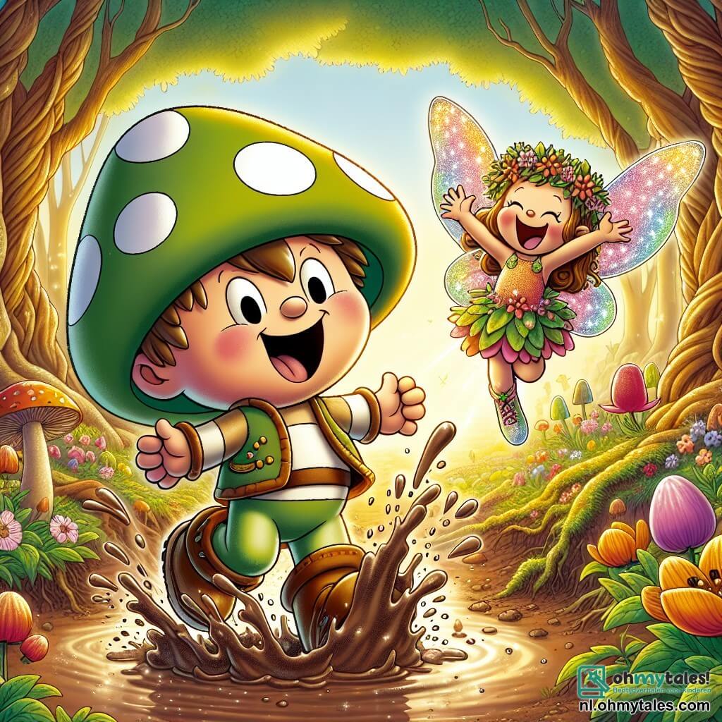 Een vrolijk figuurtje, een paddenstoel met een grote groene hoed versierd met witte stippen, staat in het midden van de afbeelding, met opgetilde armen en een grote glimlach op zijn gezicht, enthousiast springend in de lucht. Naast hem staat een ondeugende fee met glinsterende vleugels en een jurk van bloemblaadjes, die luid lacht met haar handen op haar heupen terwijl ze lichtjes boven de grond zweeft. Op de achtergrond is een prachtig kleurrijk bos te zien, gevuld met bomen met gedraaide stammen en stralende bloemen, badend in een gouden licht, wat een magische en speelse sfeer creëert. De scène toont het moment waarop het hoofdpersonage zich vermaakt met springen in een modderpoel, terwijl de fee hem aanmoedigt met een ondeugende glimlach.