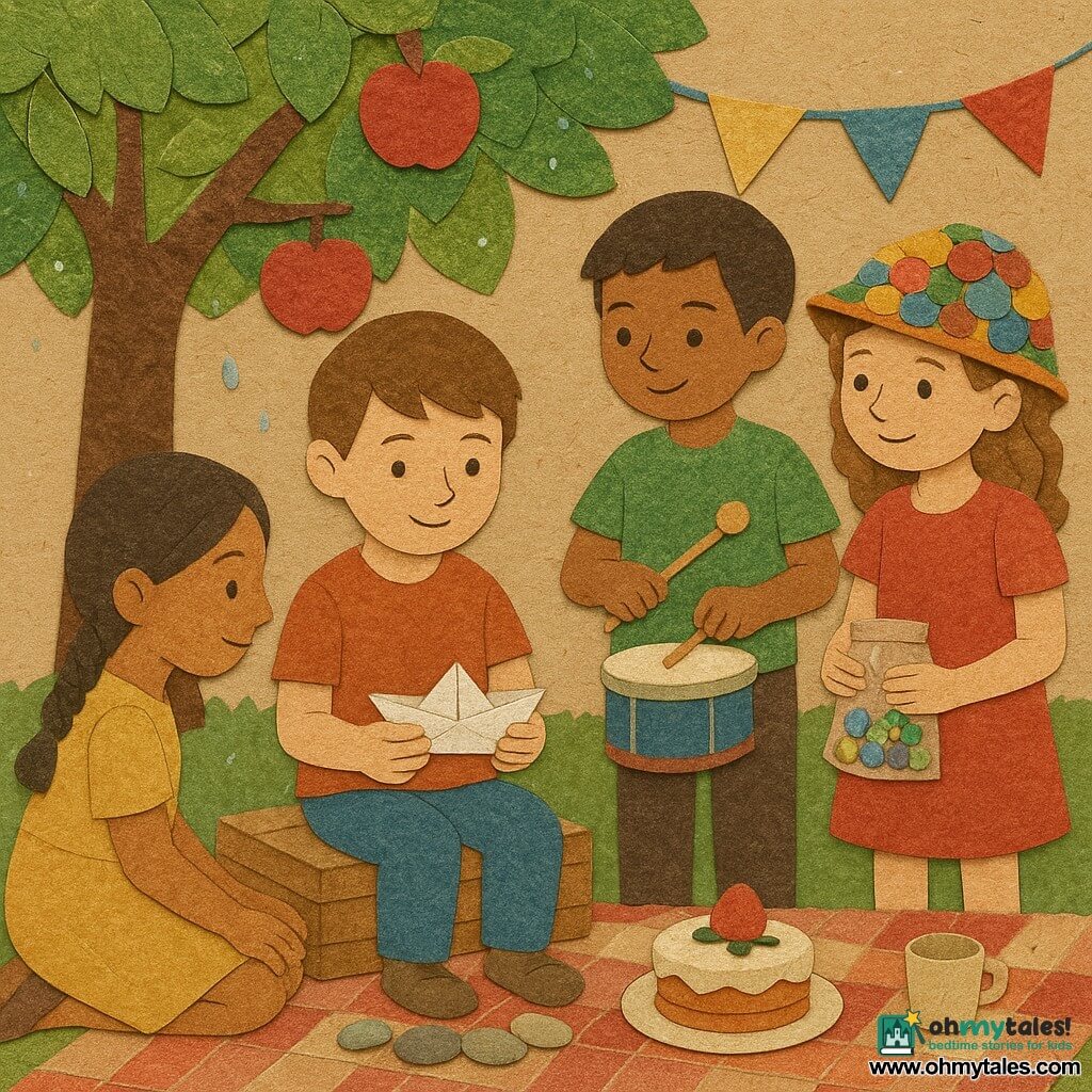 A 10-year-old boy with a calm, focused smile, short brown hair and flour-dusted fingers holds a small folded white paper boat, sitting on a low wooden crate under an apple tree; to his right stands 9-year-old Lina in a colorful hat filled with marbles, holding a pouch of shiny marbles; slightly behind him is Mateo, about 10, tanned, tapping a rhythm on a paint-can drum; to his left Noor, about 9 with braided hair, strokes polished pebbles lined on a blanket; suburban garden collage with a large checked blanket, textured green paper foliage, paper bunting, chipped cups and a strawberry cake on a paper plate; a calm, joyful moment after a minute of silence—children listening and smiling, small objects glittering (raindrops on leaves, shiny marbles, pebble reflections), soft warm pastel colors and obvious paper textures.