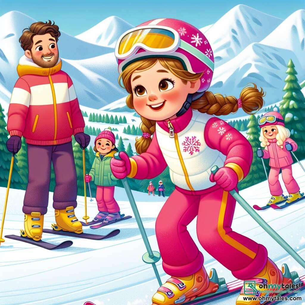 In the foreground, a 12-year-old girl, Lily, with brown hair in braids, wears a bright pink ski suit and a yellow helmet. Her face shows radiant joy and palpable determination as she speeds down a snowy slope, her skis gliding effortlessly over the sparkling snow. Next to her, her best friend Mia, also 12, has blonde hair in a ponytail and wears a blue ski suit. She smiles widely, encouraging Lily while getting ready to follow her down the slope. In the background, the famous ski champion Max, a man in his thirties with brown hair and a light beard, watches with a kind smile, ready to offer advice. He wears a bright red jacket and stands at the side of the slope, surrounded by admiring spectators. The setting is a beautiful ski resort, with majestic snow-covered mountains, green fir trees emerging from the bright white, and a clear blue sky dotted with fluffy white clouds. The main scene shows Lily and Mia enthusiastically launching down the slope, ready to take on the ski race challenge, while the crowd cheers and the tension of the competition hangs in the air.