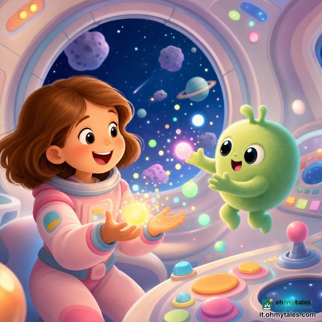 Stella, giovane donna sorridente dai capelli castani e occhi brillanti, indossa una tuta spaziale rosa pallido e tiene una piccola sfera di luce che scoppietta tra le mani; accanto a lei Pip, un piccolo extraterrestre verde, rotondo e peloso con grandi occhi neri e tre dita, lancia un'altra sfera fluttuando all'altezza di Stella. La navetta Bip-bip è visibile dall'interno con un cruscotto semplice e un grande oblò che mostra un cielo stellato con asteroidi morbidi e pianeti pastello. Situazione: i due amici giocano a lanciare sfere di luce multicolori che esplodono in coriandoli luminosi; atmosfera gioiosa e rassicurante, luce morbida, forme tonde e palette pastello.