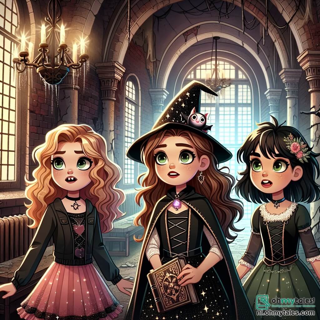 Drie meisjes van 10 jaar staan samen in een oude spookschool. Emma, met lange bruine haren en een nieuwsgierige glimlach, draagt een zwarte heksenkostuum versierd met glinsterende sterren. Links van haar staat Lisa, een meisje met krullend blond haar, verkleed als vampier met scherpe tanden en een rode cape. Rechts staat Noor, met zwart haar en een groene heksenjurk, die vol verwondering kijkt. Het interieur van de school is donker en mysterieus, met oude bakstenen muren, spinnenwebben in de hoeken van het plafond en smeedijzeren kroonluchters die in de duisternis flikkeren. Een zacht licht komt van een op een kier staande deur aan het einde van een stoffige gang. De meisjes ontdekken een oud boek over magie in een verlaten klaslokaal en zijn klaar om magische uitdagingen aan te gaan om het geheim van de school te onthullen, hun gezichten verlicht door opwinding en avontuur.