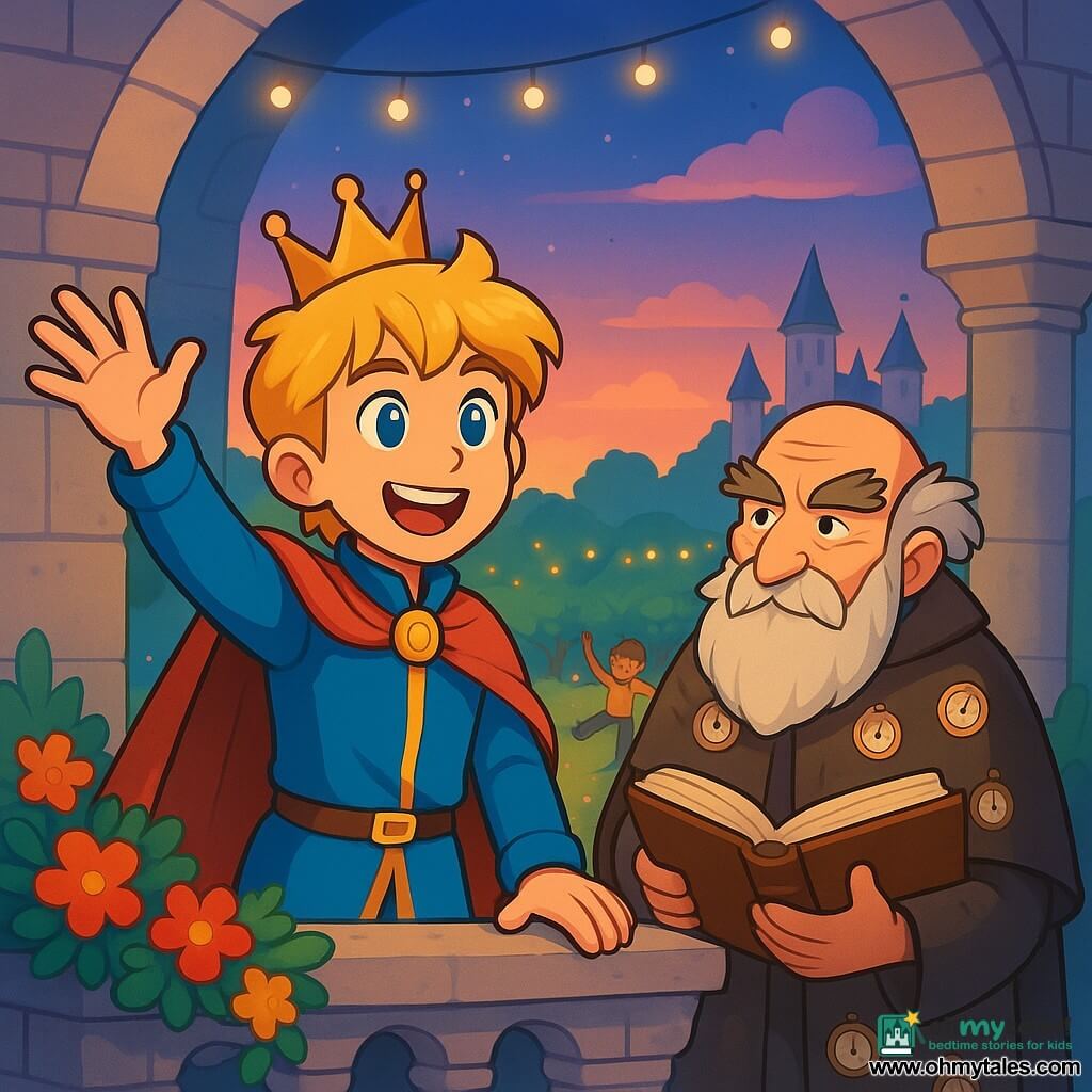 A prince named Emory, a young boy with golden hair like wheat and bright eyes like stars, stands on a stone balcony. His face expresses determination and joy as he raises his hand to announce the time with a radiant smile. Beside him, Master Tock, an elderly man with pine cone-shaped eyebrows and a coat adorned with small clocks, observes proudly, holding a large book of time. The balcony is decorated with colorful flowers and overlooks a vast garden illuminated by the soft light of dusk, where children laugh and dance below. The scene is filled with vibrant colors, sparkling light garlands, and soft shadows dancing on the castle walls. The main situation shows the prince ready to ring the bell for the Harvest Festival, a moment of joy and excitement, as the entire court eagerly awaits his announcement.