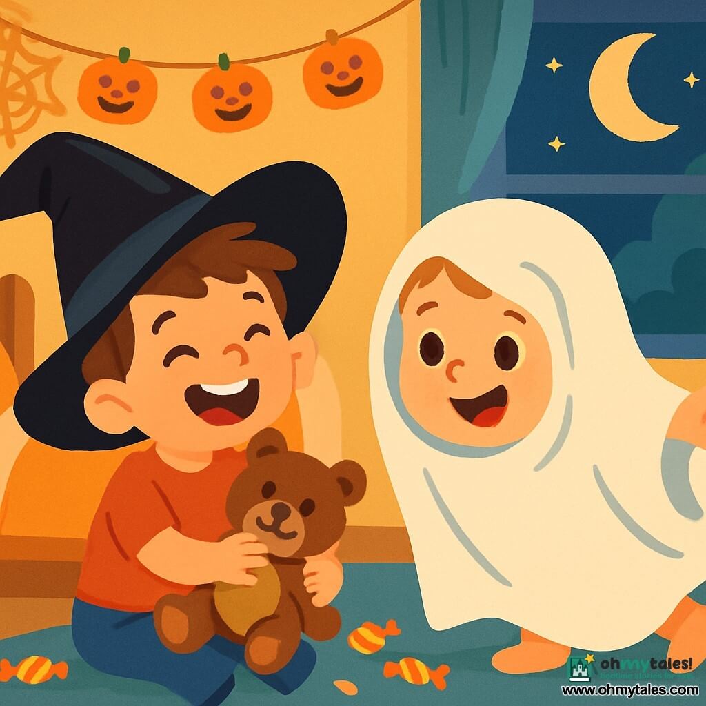A 4-year-old boy, Tommy, with messy brown hair and sparkling eyes, wears a large black witch hat that slips over his forehead. He laughs while holding his teddy bear, Mr. Cuddles, who has a sweet smile and bright eyes. Next to him, a 4-year-old girl, Mia, is dressed as a friendly ghost, with a flowing white sheet and mischievous round eyes. She has a big smile and leans forward, ready to play. The scene takes place in a cozy room decorated with pumpkin garlands and sparkling cobwebs. Moonlight streams through the window, casting dancing shadows on the walls. Tommy and Mia are having fun trying on the large witch hat, bursting into laughter as it falls over their eyes. The atmosphere is joyful and festive, filled with laughter and sweetness, with colorful candies scattered around them.