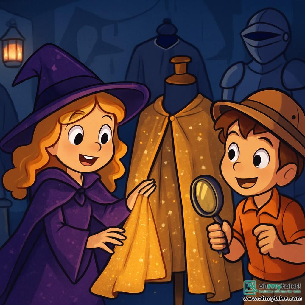 A 10-year-old girl named Lily, with curly golden hair, wears a sparkling purple witch costume. She has bright, curious eyes and a wondrous smile, holding a magical cape that glimmers with a golden glow. Beside her, a 10-year-old boy named Jack, with messy brown hair and an explorer's hat, looks at Lily with excitement, holding a magnifying glass. The scene takes place in a dark and mysterious children's museum filled with ancient costumes and flickering lanterns, with dancing shadows on the walls. In the center, a mannequin wearing a cape woven with golden threads captures their attention, while a knight's armor stands proudly in the background. Lily and Jack approach the mannequin, fascinated by the cape that seems to shine with ancient magic, ready to uncover the hidden secrets of this Halloween night.