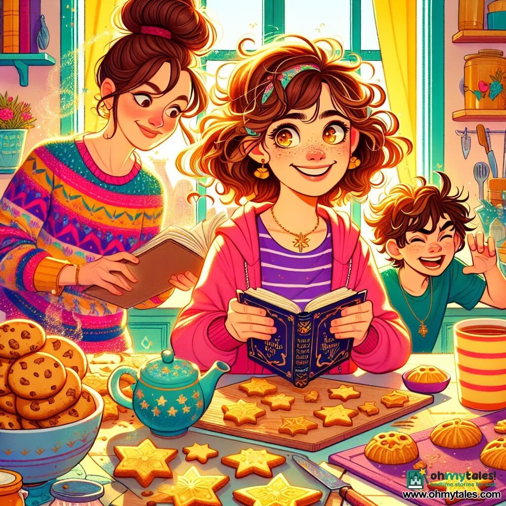 A 12-year-old girl with curly brown hair and sparkling curious eyes stands in a sunny kitchen surrounded by star-shaped cookies. She has a mischievous smile and an excited expression on her face, holding a brightly colored book titled "The Useful Grimoire." Next to her, a woman in her thirties with her hair in a bun and a colorful sweater looks on tenderly, holding a steaming cup of tea. In the corner, a 12-year-old boy with tousled hair and a mischievous look approaches with a challenging expression, ready to make a joke. The kitchen is bright, with yellow walls and open windows letting in a light breeze, filled with the smell of freshly baked cookies. On the table, scattered ingredients and cooking utensils add a joyful touch of chaos. The main scene shows the enthusiastic girl ready to share her magical discoveries with her friends, while the boy prepares to joke, creating an atmosphere of camaraderie and magic.