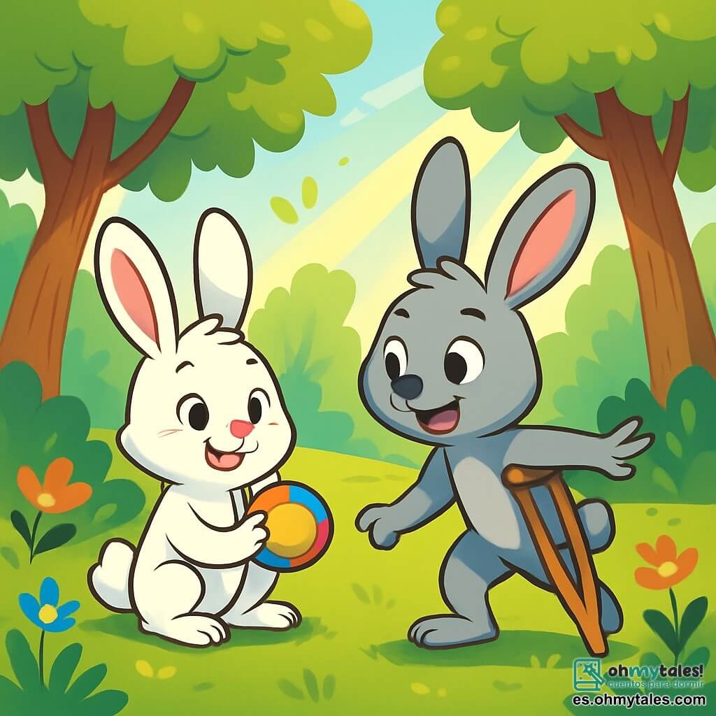 Un pequeño conejo blanco con grandes orejas, llamado Tomás, está sentado en un césped verde, con una sonrisa alegre y ojos brillantes de emoción. Sostiene una pequeña pelota de colores en sus patas delanteras, listo para jugar. A su lado, Lucas, un conejo gris con una muleta de madera, muestra una expresión de determinación y felicidad. Está enseñándole a Tomás cómo lanzar la pelota, con una postura confiada. El escenario es un claro del bosque soleado, rodeado de árboles de hojas verdes brillantes y flores coloridas que bailan con la brisa. Rayos de sol filtran a través de las ramas, creando manchas de luz en el suelo. La escena muestra a Tomás y Lucas jugando juntos, ilustrando la amistad y la inclusión mientras se divierten lanzando la pelota, unidos por su alegría y complicidad.