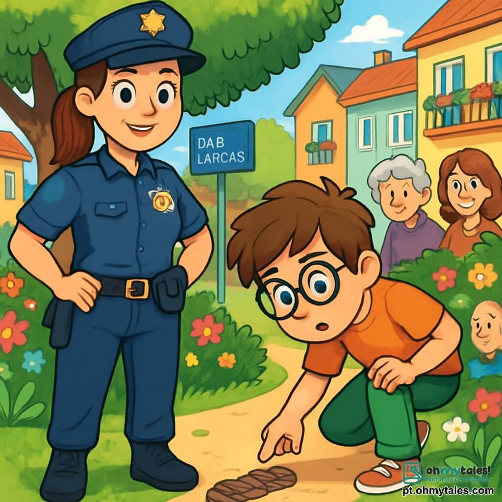 Uma policial, a inspetora Clara, está em pé com um sorriso determinado no rosto. Ela usa um uniforme azul-marinho, com um cinto de ferramentas e um distintivo brilhante. Seus cabelos castanhos estão presos em um rabo de cavalo, e seus olhos brilham de entusiasmo. Ao seu lado, um garoto de 12 anos, Lucas, com cabelos castanhos bagunçados e óculos redondos, observa atentamente uma impressão de sapato no chão, inclinado para frente com uma expressão de curiosidade. A cena acontece em um jardim verdejante da Rua das Acácias, cercado por casas coloridas com varandas floridas. Flores multicoloridas bordam o caminho, e uma árvore majestosa projeta uma sombra suave no chão. Clara e Lucas examinam a impressão de sapato, cercados por alguns vizinhos curiosos que os observam com interesse. A atmosfera é animada, cheia de excitação e mistério, enquanto tentam resolver o mistério da bicicleta desaparecida.