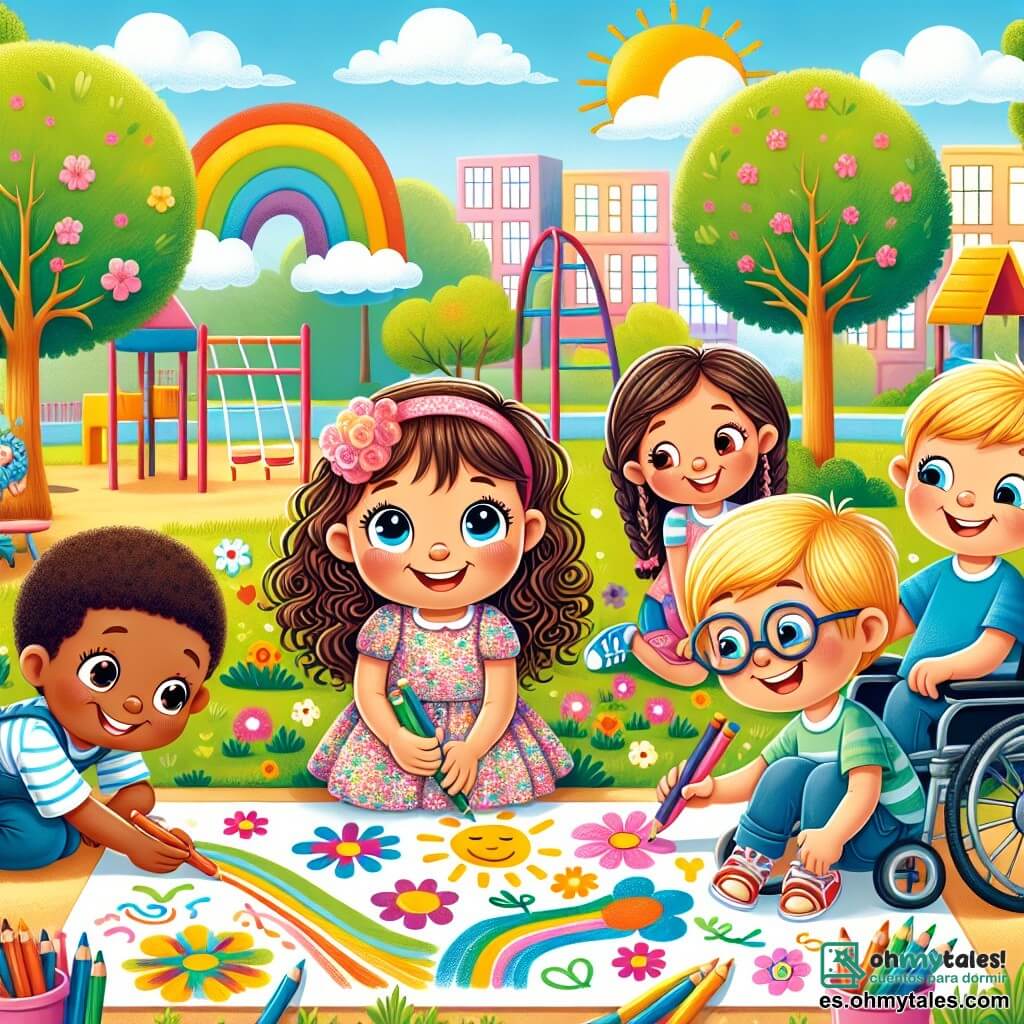 Una niña de 4 años, con grandes ojos brillantes y cabello rizado castaño, sonríe alegremente mientras sostiene lápices de colores. Lleva un vestido colorido con flores y está sentada en un césped verde, rodeada de sus amigos. A su lado, un niño de 5 años, Lucas, está en silla de ruedas. Tiene el cabello corto y lleva una camiseta azul. Lucas sonríe al mirar a Sofía, listo para ayudarla a dibujar. Un poco más lejos, Ana, una niña de 6 años con gafas y cabello trenzado, usa muletas para moverse. Está pintando una gran pared con colores vivos, añadiendo flores y soles al mural colectivo. El lugar es un parque soleado, lleno de árboles verdes y flores coloridas. Hay juegos para niños al fondo y un cielo azul claro con algunas nubes blancas. La situación principal muestra a Sofía y sus amigos colaborando alegremente para crear un gran mural colorido, cada uno aportando su toque personal, ilustrando el espíritu de ayuda y amistad a pesar de sus diferencias.
