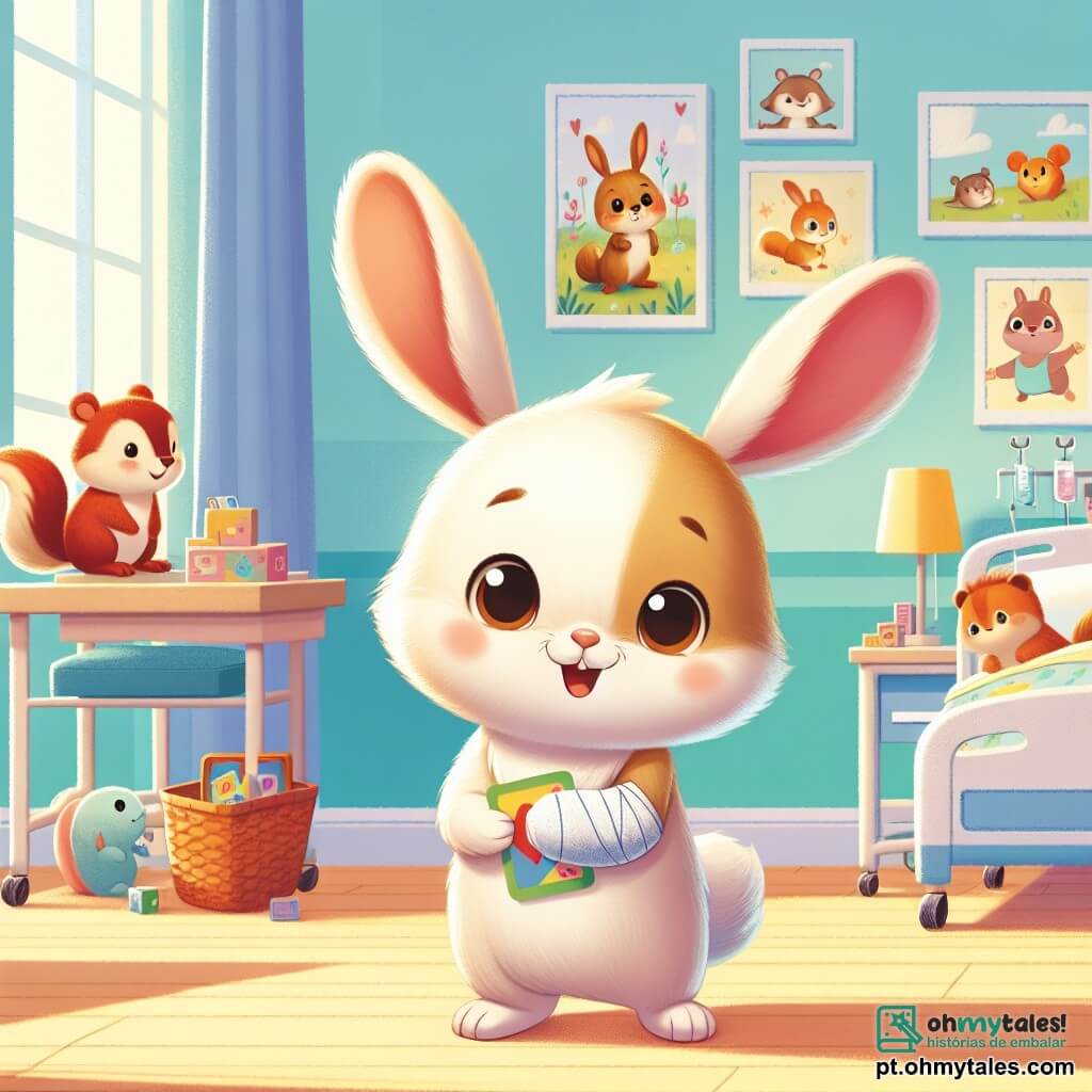 O personagem principal é um coelhinho chamado Léo, com pelagem branca, orelhas grandes e olhos curiosos. Ele está de pé em um quarto de hospital, sorrindo timidamente e segurando um cartão de jogo colorido. Ao seu lado, Bella, uma coelhinha com pelagem marrom claro, ri sentada na cama, com as orelhas em pé. Max, um esquilo com pelagem ruiva e um braço enfaixado, está no outro lado do quarto, sorrindo e mostrando seu cartão de jogo. A cena acontece em um quarto de hospital iluminado, com paredes azuis, desenhos de animais e brinquedos no chão. Léo, Bella e Max jogam cartas juntos, rindo e compartilhando histórias, criando um momento de alegria e amizade.