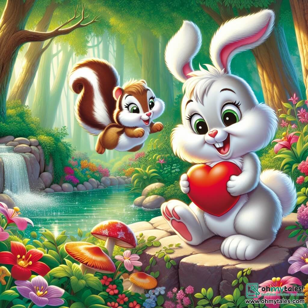 In an enchanted forest, a little rabbit named Benny, with fluffy white fur and large floppy ears, is happily hopping, a bright smile on his face. His eyes sparkle with excitement as he holds a red heart-shaped letter in his tiny paws. Next to him is Lily, an adorable squirrel with brown fur and a bushy tail, looking at the letter with wide eyes of surprise and joy. She is perched on a rock by a sparkling pond, surrounded by colorful flowers. A little further away, Charlie, a small ground squirrel with stripes on his back and round cheeks, approaches them with a big smile, his eyes filled with happiness. He seems eager and excited, ready to celebrate love and friendship. The setting is a vibrant forest, with majestic trees, bright flowers, and a blue sky dotted with fluffy clouds. The pond reflects the sun's rays, creating a magical and warm atmosphere. The main scene shows Benny handing the letter to Lily, while Charlie approaches, all three surrounded by the joyful ambiance of Valentine's Day, with floating hearts and flower garlands in the air, symbolizing love and friendship.