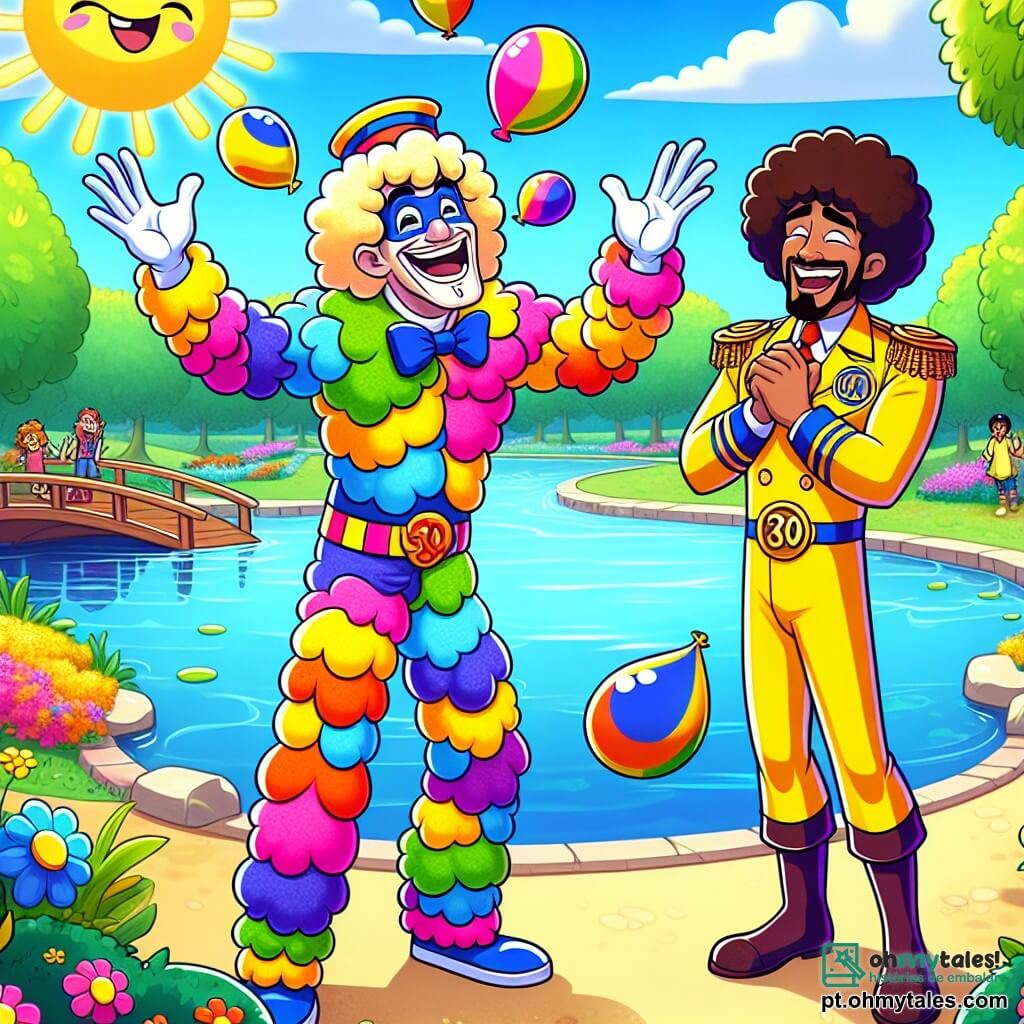 O personagem principal, o Senhor Bizarro, é um homem com um traje colorido e excêntrico, composto por padrões de nuvens e gotas d'água. Ele tem um grande sorriso no rosto, demonstrando seu entusiasmo, e está estalando os dedos para fazer aparecer balões de cores vibrantes que flutuam ao seu redor. Ao seu lado, o Capitão Risada, um homem de cabelos cacheados e pele clara, veste um traje amarelo com um grande "R" no peito. Ele ri alto, segurando a barriga, e está um pouco atrás, observando os balões com admiração. A cena acontece em um parque ensolarado, repleto de árvores verdes, flores coloridas e risadas de crianças. Ao fundo, há um pequeno lago onde patos nadam tranquilamente, acrescentando um toque de serenidade à atmosfera alegre. A situação principal mostra o Senhor Bizarro criando balões de água, enquanto o Capitão Risada conta uma piada, provocando risadas nas crianças ao redor, todas maravilhadas pela magia de sua amizade e de suas aventuras cômicas.