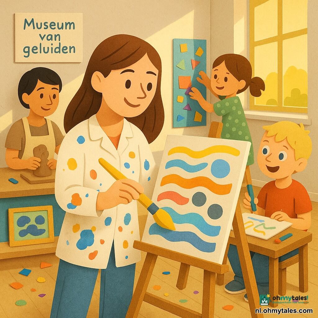 Vrouwelijke kunstenaar, glimlachend en geconcentreerd, lang kastanjebruin haar, verfvlekken op witte blouse, houdt een grote gele penseel en schildert kleurstroken op een groot doek op een ezel; vriendin Noor (±30), kort zwart haar, beige linnen schort, boetseert een klein kleibeeld links; jongen van ±7, blond, rood T-shirt, tekent met pastelkrijt op een klein ezel rechts en kijkt enthousiast naar het hoofdschilderij; meisje van ±6, bruin paardestaarten, groene jurk met stippen, plakt gekleurde papiersnippers op een wandpaneel achter de schilder; interieur: licht museum met witte muren, grote ruit voor gouden licht, lichte houten vloer, lage planken met tactiele werken en felle kleurpanelen; situatie: gemeenschappelijk atelier waar de kunstenaar en kinderen kleuren toevoegen die geluiden voorstellen (gele strepen voor vogels, lichtblauwe cirkels voor wind, donkergrijze vlekken voor machine), vrolijke sfeer, zichtbare gebaren, verfconfetti en papiersnippers op de vloer; visuele stijl: nette papiersnedes, gekorrelde papiertexturen, zachte schaduwen, levendig contrastrijk palet (geel, lichtblauw, oranje, paars, groen), compositie gericht op doek en handen; klein bordje aan de muur met "Museum van geluiden" in kinderlijk handschrift.
