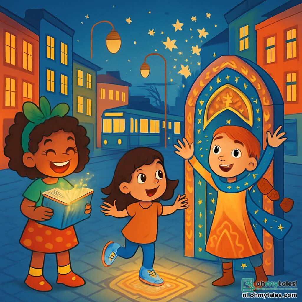 Er zijn 3 personages: - Lila: een 8-jarig meisje met krullend haar en een grote groene hoed op haar hoofd. Ze glimlacht vrolijk terwijl ze een boek vasthoudt dat oplicht. - Noor: een 7-jarig meisje met steil haar en schoenen die blauw en oranje glinsteren. Ze danst op haar tenen, met sprankelende ogen vol ondeugd. - Zoë: een 9-jarig meisje met een lange vlecht en een glinsterende sjaal met sterren. Ze heft haar armen op en stuurt magische sterren de lucht in. De drie meisjes staan in het midden van een drukke straat, omringd door kleurrijke gebouwen met glinsterende ramen. Tramwagens met knipperende lichten passeren op de achtergrond, terwijl lantaarns zachtjes dansen en de scène met een warme gloed verlichten. De hoofdscène toont de meisjes die een mysterieuze deur ontdekken, versierd met magische patronen, die net op de stoep is verschenen. Ze zijn verwonderd en klaar om de magische wereld te betreden die hen wacht.
