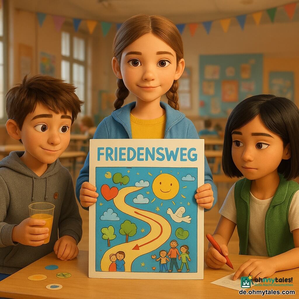 Mila, 12 Jahre, entschlossenes, sanftes Gesicht, hellbraune Haare zu zwei Zöpfen, haselnussbraune Augen, gelber Pullover und leichte blaue Jacke, steht mittig und hält ein großes, farbiges Plakat mit dem Titel Friedensweg und lächelt leicht; rechts von ihr sitzt Lilia, ca. 12, olivfarbene Haut, schwarzer Bob, schüchtern aber konzentriert, zeigt mit dem Finger auf eine Station des Posters und hält einen roten Filzstift, links Jonas, ca. 12, braune zerzauste Haare, schelmischer aber freundlicher Ausdruck, hält einen Saftbecher und klebt Aufkleber auf das Plakat, er trägt ein graues Sweatshirt; Hintergrund: helle Schulhalle mit Holztischen, bunten Stühlen, verschwommenen Ständen, Papiergirlanden und Plakaten, warmes Licht durch hohe Fenster; Szene: Markt der Schulfriedensarbeit, ruhiger positiver Moment, die Kinder präsentieren einen gezeichneten Weg zur Konfliktlösung; Bildstil: leuchtende Farben, Papier- und Filztexturen, gut lesbare Mienen, sanner, warmer 3D‑Look mit geringer Tiefenschärfe und natürlichem weichem Licht, beruhigende, gewaltfreie Atmosphäre.