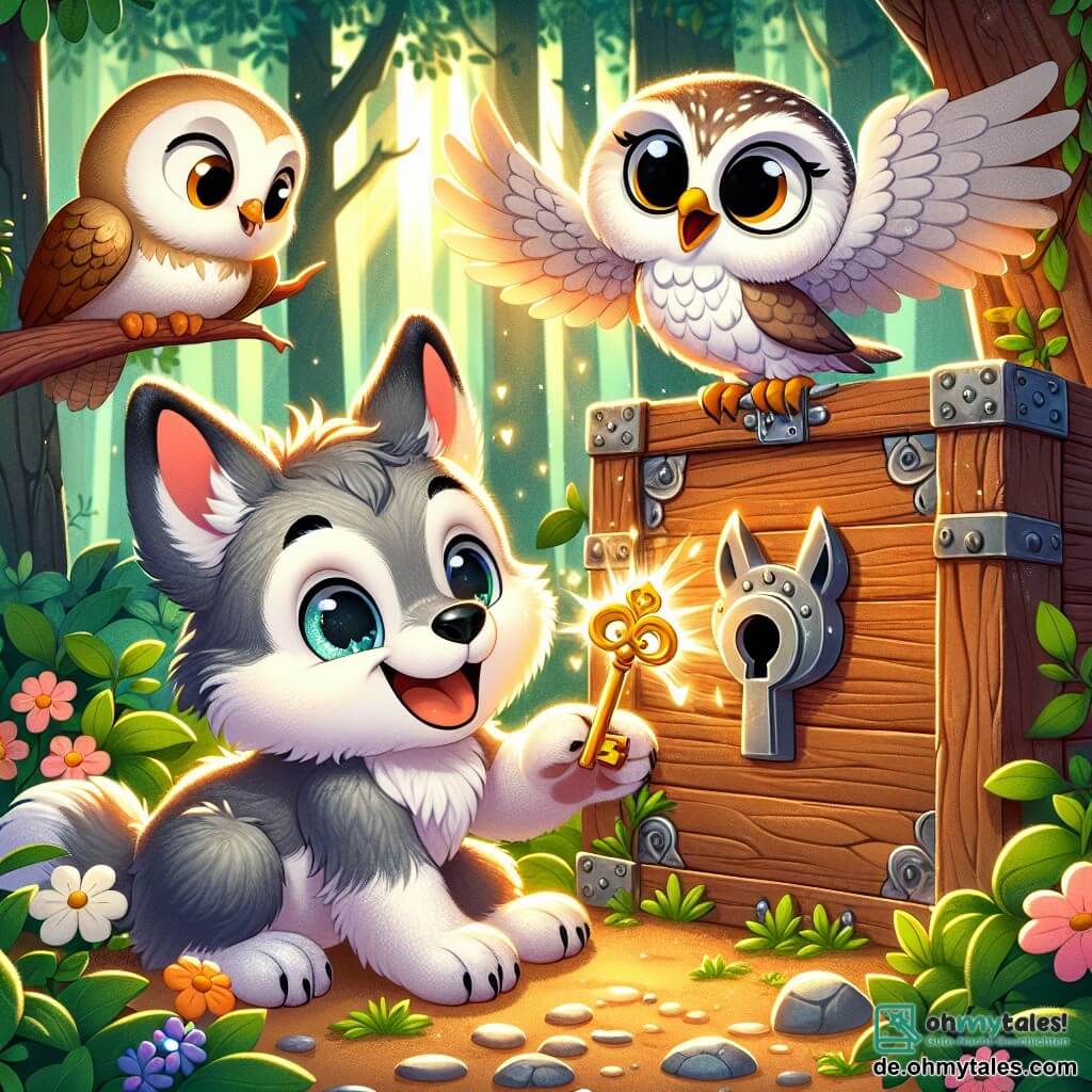 Ein kleiner Wolf mit funkelnden Augen und weichem grauem Fell, der neugierig und aufgeregt aussieht, steht vor einer alten Holztür und hält einen wunderschönen goldenen Schlüssel in Form eines Wolfskopfes. Neben ihm beobachtet eine Eule mit braun-weißen Federn und runden Brillen, die weise und begeistert wirkt, die Tür aufmerksam. Ein kleiner Hase mit großen Ohren, weißem Fell und leuchtenden Augen hüpft fröhlich und zeigt spürbare Ungeduld. Der Ort ist ein alter geheimer Garten, umgeben von großen Bäumen mit grünen Blättern und bunten Blumen, die im Wind tanzen, während das sanfte Licht der untergehenden Sonne die Szene erhellt. Die Hauptsituation zeigt den kleinen Wolf und seine Freunde, die die geheimnisvolle Tür entdecken und bereit sind, gemeinsam ein neues Rätsel zu lösen, während Lichtstrahlen durch die Äste filtern und eine magische und faszinierende Atmosphäre schaffen.