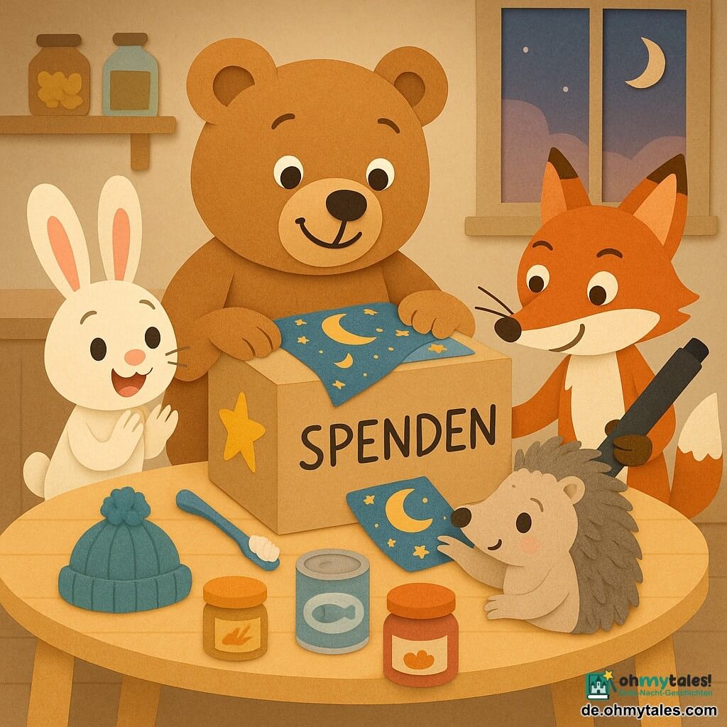 Ein großer hellbrauner Teddybär, Bär Bruno, mit sanftem Lächeln und glänzenden Augen hält behutsam eine große Pappschachtel mit gelbem Sternaufkleber und mondstoff auf einem niedrigen Holztisch. Links applaudiert die kleine weiße Häsin Hedi mit langen rosa Ohren, rechts-hinten steht der rote Fuchs Fino schlank und verschmitzt und hat gerade mit einem schwarzen Filzstift das Wort SPENDEN auf die Box geschrieben. Die runde graue Igelin Irma klebt nahe bei Bruno ein Stück Mondstoff auf den Deckel und hat die Pfote auf der Kiste. Die Szene zeigt eine gemütliche Küche bei Dämmerlicht mit Regalen und Gläsern, die Freunde dekorieren und füllen gemeinsam eine Spendenbox für den Ramadan; sichtbare Gegenstände: Wollmütze, blaue Zahnbürste, Konserven, Packung Nudeln und Marmeladenglas. Grafikstil: klare Schnitte, Papiertexturen, geklebte Kanten, pastellgesättigte Farben, sanfte Kontraste, Komposition zentriert auf Box und kreisende Figuren.