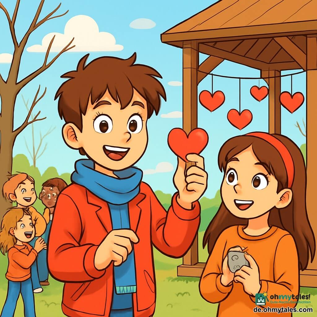 Ein 12-jähriger Junge, Felix, mit zerzausten braunen Haaren und neugierigen, funkelnden Augen, steht im Mittelpunkt eines sonnigen Parks und lächelt strahlend. Er trägt eine leuchtend rote Jacke und einen blauen Schal und hält ein kleines Papierherz in der Hand, bereit, es aufzuhängen. Neben ihm steht Mira, ein 11-jähriges Mädchen mit langen braunen Haaren und einem hübschen roten Haarband, die Felix bewundernd ansieht und ein silbernes Medaillon in den Händen hält. Sie steht etwas im Hintergrund, mit leuchtenden Augen vor Aufregung. Die Szenerie zeigt einen grünen Park mit kahlen, zarten Bäumen, einem hellblauen Himmel mit fluffigen Wolken und einem Holzpavillon, an dem Papierherzen hängen, die sanft im Wind wehen. Die Szene zeigt Felix und Mira, umgeben von einer Gruppe fröhlicher Kinder, die die aufgehängten Herzen entdecken und süße Botschaften lesen, was eine warme und kameradschaftliche Atmosphäre zum Valentinstag schafft.
