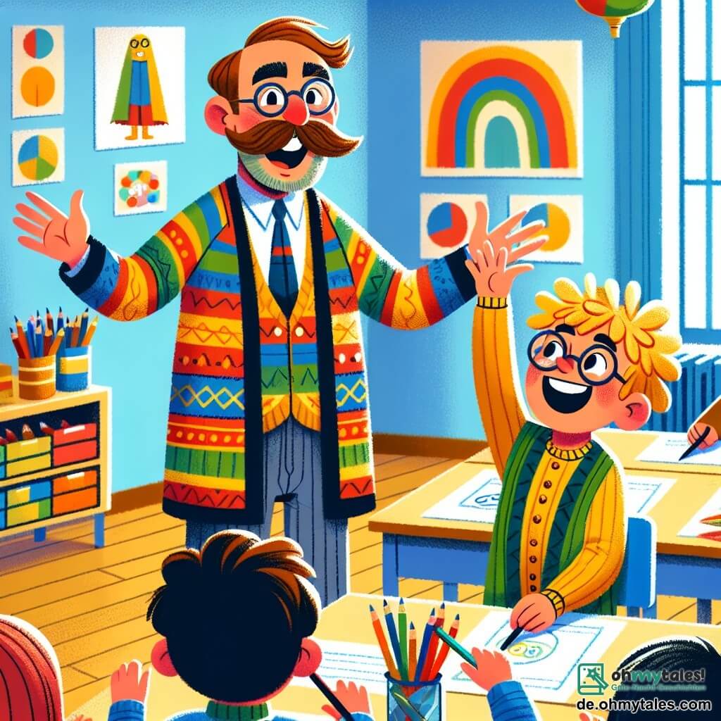 Ein fröhlicher Lehrer, Herr Ben, ein Mann in den Vierzigern mit braunen Haaren und einem großen Schnurrbart, trägt eine bunte Jacke und ein strahlendes Lächeln. Er zeigt seinen Schülern farbige Papierhüte, die Arme enthusiastisch geöffnet. Neben ihm hebt Emil, ein siebenjähriger Junge mit zerzausten blonden Haaren und runden Brillen, aufgeregt die Hand, während er einen roten Papierhut auf dem Kopf trägt. Der Hintergrund ist ein heller Klassenraum mit hellblauen Wänden, bunten Plakaten und Holztischen, auf denen Buntstifte und Blätter verstreut liegen. Die Szene zeigt Herrn Ben und seine Schüler, die gemeinsam Papierhüte basteln, lachen und Freude sowie Kreativität ausstrahlen.