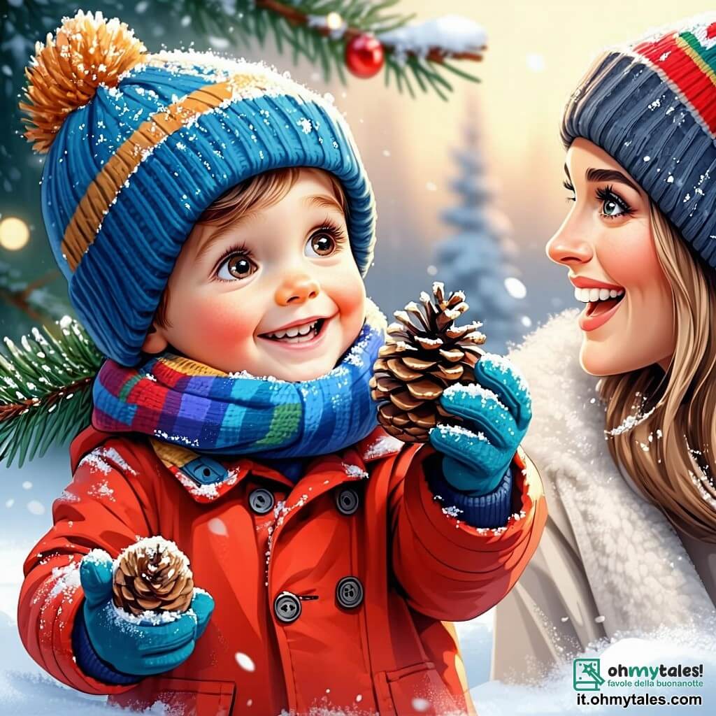 Un bambino di 4 anni, di nome Marco, è al centro dell'immagine. Ha grandi occhi brillanti di gioia, capelli castani disordinati e un sorriso splendente. Indossa un cappotto rosso vivo, un berretto di lana blu e guanti colorati, mentre tiene un pigna nelle sue piccole mani, meravigliato dalla sua scoperta. Accanto a lui c'è sua madre, una donna di circa trent'anni, con lunghi capelli castani legati in una coda di cavallo. Sorride teneramente a Marco mentre tiene un cestino pieno di pigne. Indossa un cappotto di lana beige e una sciarpa rosa, inclinata leggermente verso suo figlio. Lo sfondo è un giardino invernale, coperto da uno spesso strato di neve scintillante sotto un cielo azzurro chiaro. Grandi alberi con rami carichi di neve circondano il giardino, creando un'atmosfera magica e tranquilla. La scena rappresenta Marco e sua madre mentre cercano tesori sotto la neve, con fiocchi di neve che cadono dolcemente intorno a loro, aggiungendo un tocco fiabesco a questo momento di complicità e gioia condivisa.