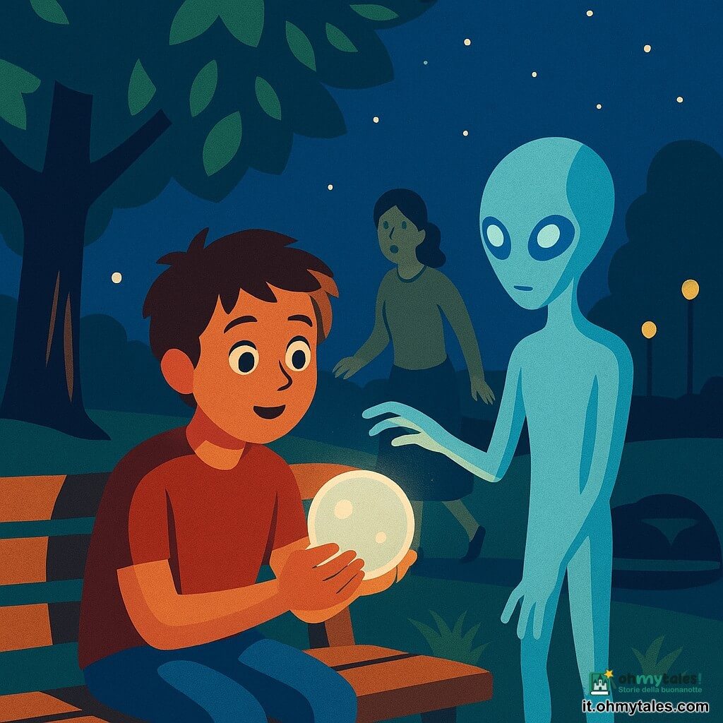 Un ragazzo di 12 anni dal volto rotondo e capelli castani spettinati, occhi grandi e curiosi, seduto su una vecchia panchina di legno sotto un grande tiglio, tiene delicatamente una piccola sfera luminosa traslucida; un extraterrestre chiamato Nìa, piccolo e slanciato, pelle perla con riflessi blu, occhi grandi e lucenti, quattro dita, è accanto a lui e tende una mano luminosa verso la sfera con volto calmo e benevolo; sullo sfondo una donna (la madre), figura sfocata vicino al sentiero del parco, capelli raccolti, abbigliamento semplice, visibilmente sorpresa e preoccupata; parco notturno con foglie del tiglio in sovrapposizioni di verde, cielo blu scuro stellato, lampioni gialli lontani e prato stilizzato; una navetta nera compatta dalla superficie riflettente è parcheggiata vicino alla panchina emettendo una tenue luce verde; scena calma e magica: riparazione del "cuore-luce" e primo ponte d'amicizia, composizione centrata con forti contrasti di luce e ombra, palette calda per i personaggi e fredda per lo spazio alieno.