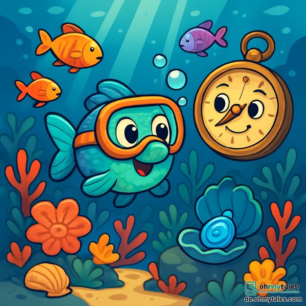 Linnea, eine kleine Tauchermaske in leuchtenden Farben mit glitzernden blauen und grünen Reflexen, schwimmt fröhlich in einem hellen Ozean, ihre runden Augen strahlen vor Aufregung. Sie erkundet einen alten Korallengarten, begeistert von den bunten Fischen, die um sie herumtanzen. In der Nähe schwebt ein alter Kompass mit einem patinierten Messinggehäuse und einer goldenen Nadel sanft im Wasser und zeigt einen weisen, wohlwollenden Ausdruck, als ob er Linnea zu ihrem nächsten großen Geheimnis führen würde. Der Meeresboden ist mit blütenförmigen Korallen, funkelnden Muscheln und Lichtstrahlen, die durch die Oberfläche filtern, gefüllt und schafft eine magische, einladende Atmosphäre. Linnea entdeckt ein geheimnisvolles Amulett, das in strahlendem Blau zwischen den Korallen versteckt ist, während Luftblasen aus ihrem Mund entweichen und ihr Staunen über diese unglaubliche Entdeckung zeigen.