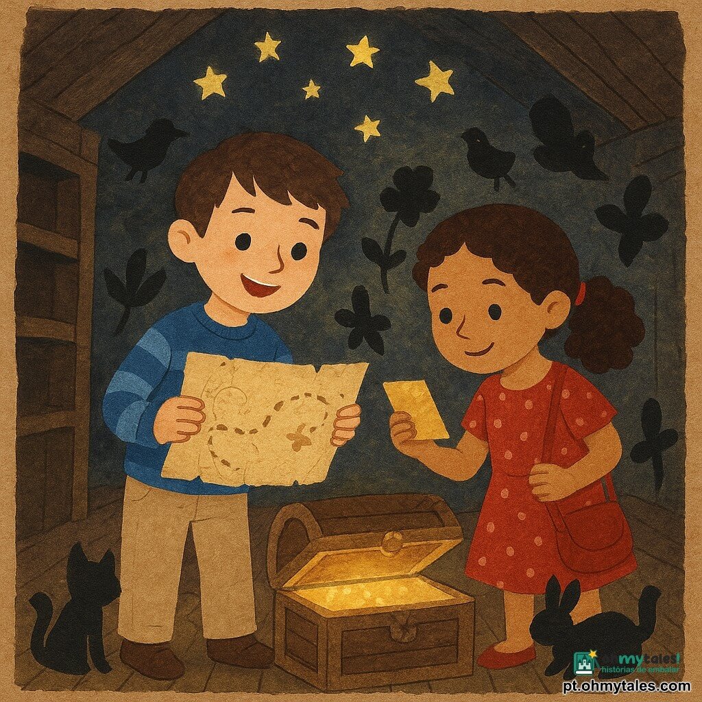 Dois crianças: um menino de ~9 anos, cabelos castanhos curtos e olhos brilhantes, veste suéter listrado azul e calça bege, segura um último pedaço de um mapa antigo e sorri maravilhado olhando às estrelas pintadas no teto; uma menina de ~8 anos, cabelos castanhos encaracolados presos em rabo, veste um vestido vermelho de bolinhas e tem uma pequena bengala vermelha no saco, está de mãos dadas com ele, inclinada sobre um baú velho aberto no chão lendo um bilhete dourado; cenário: uma pequena sala secreta atrás de uma estante, paredes de madeira escura, teto com estrelas fosforescentes, assoalho de tábuas rachadas e uma estante tombada; ação: o último pedaço do mapa foi encaixado sobre o baú que brilha suavemente, sombras recortadas dançam em formas de animais e flores ao redor, criando uma atmosfera de mistério e calor com cores contrastantes (azul noite, dourado pálido, vermelho vivo) e texturas de papel rasgado, tecido e brilhos fosforescentes.