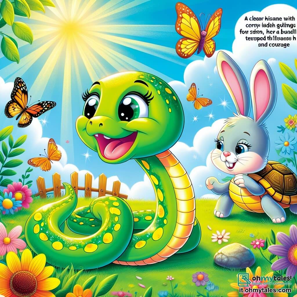 Un piccolo serpente di nome Sissi, con una pelle brillante e verde punteggiata di macchie gialle, si fa strada allegramente attraverso una radura soleggiata, mostrando un grande sorriso di eccitazione e determinazione. Vicino a lei, una tartaruga di nome Tilly, con un dolce viso e un grosso guscio marrone, la osserva con benevolenza, pronta a incoraggiare la sua amica. Un coniglietto di nome Bibi, con orecchie lunghe e bianche, salta allegramente nell'erba verde, aggiungendo un tocco di dinamismo alla scena. La radura è piena di fiori colorati, farfalle svolazzanti e raggi di sole che filtrano tra le foglie degli alberi, creando un'atmosfera magica e accogliente. Sissi, piena di coraggio, si prepara a liberare una bella farfalla intrappolata in una ragnatela dorata, illustrando così l'importanza della gentilezza e del coraggio.