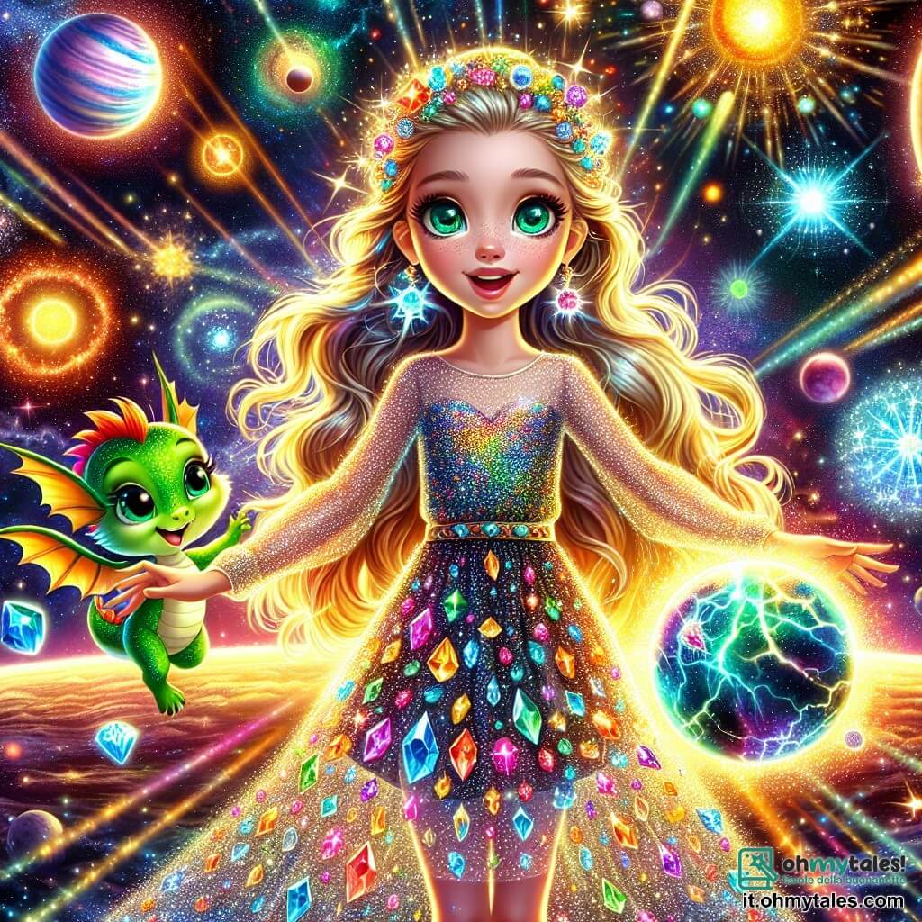 Una giovane donna di nome Stella, con lunghi capelli dorati brillanti come raggi di sole, si trova al centro dell'immagine. Ha occhi verdi scintillanti di eccitazione e un sorriso determinato. Stella indossa un abito scintillante di cristalli multicolori che riflettono la luce delle stelle. Accanto a lei c'è un piccolo drago verde di nome Fizz, con scaglie brillanti e occhi maliziosi, che fluttua nell'aria sprizzando piccole scintille di gioia. Il loro ambiente è un paesaggio cosmico mozzafiato, pieno di pianeti colorati, nebulose scintillanti e stelle brillanti. In lontananza, una grande fonte di luce, la Fonte delle Stelle, emette onde di magia visibile. La scena principale mostra Stella mentre dirige un potente incantesimo, con le braccia alzate verso il cielo, mentre il Catalizzatore di Luce brilla intensamente ai suoi piedi, circondata da lampi di luce e scintille che simboleggiano la magia in azione.