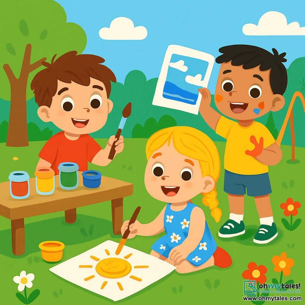 There are 3 characters: Sam, a 6-year-old boy with messy brown hair, sparkling eyes, and a red t-shirt, holding a paintbrush near an art table; Lily, a 5-year-old girl with braided blonde hair, a bright smile, and a floral dress, sitting on the floor painting a large sun on a sheet; and Max, a 6-year-old boy with short black hair, blue shorts, and green sneakers, standing proudly showing his drawing of a blue sky. The setting is a cheerful summer camp with lush green trees, a big blue sky, and colorful flowers. There is a wooden art table with bright paint pots and brushes. In the background, swings and a large slide can be seen. The main scene shows the three friends painting together, laughing and having fun, with paint splatters on their hands and faces, creating a joyful and colorful atmosphere.