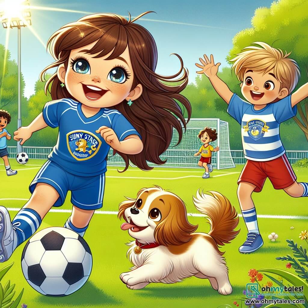 A 6-year-old girl, Mia, with long brown hair and sparkling eyes, wears a blue jersey with her team's logo, the Sunny Stars. She smiles widely, full of enthusiasm, as she prepares to kick the soccer ball. Next to her, her loyal dog Sparky, a small golden-haired dog with big ears, jumps with joy, his tail wagging excitedly. A 6-year-old boy, Leo, with messy blonde hair and red shorts, runs towards Mia, ready to receive the ball. A girl, Emma, with brown pigtails and an encouraging smile, stands a bit further away, raising her arms to cheer for her team. The scene takes place in a sunny park, with large green trees, colorful flowers, and a well-maintained soccer field, where families and friends gather to watch the tournament. Mia is determined and enthusiastic as she prepares to kick the ball during the soccer match, surrounded by her friends who cheer her on, creating an atmosphere of camaraderie and joy.