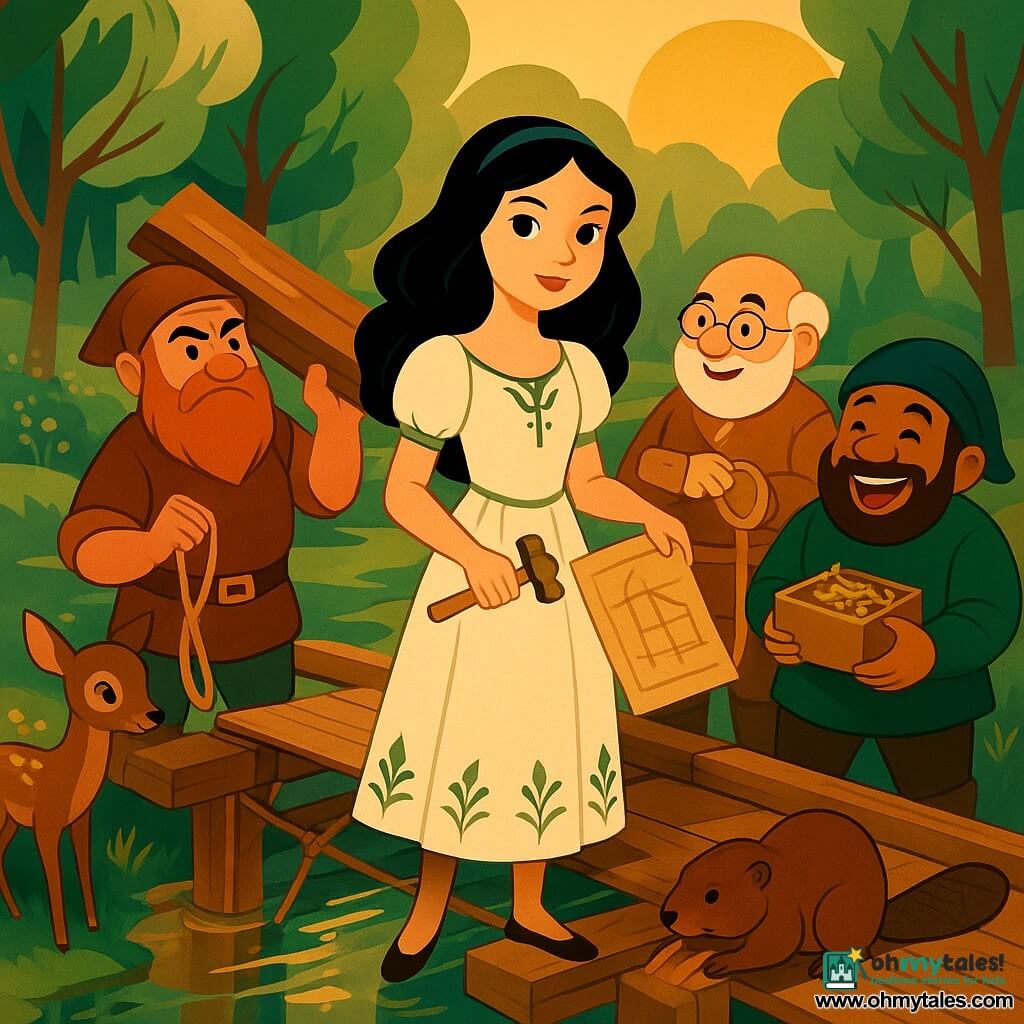 Snow White (young woman) stands center with a bright determined face, glossy black hair, simple ivory dress with green embroidery, holding a small wooden hammer and blueprint on the repaired bridge; Grumpy (short man ~55) with a thick red beard lifts a heavy plank to her right, softened eyes beneath furrowed brows; Doc (short man ~50) wears round glasses and a tool belt, holding a rope and pointing at a diagram to the left near the bridge knots; Happy (short man ~45) laughs, holding a box of golden nails slightly behind, ready to help; a muscular beaver gnaws a beam in the foreground and a timid fawn watches from grass on the left; an old wooden bridge spans a mirror-like stream reflecting trees, leaning willows and wildflowers in a golden late-afternoon light; a communal bridge repair scene with boards, taut ropes and shining tools, warm atmosphere, rich colors (deep greens, soft golds, warm browns) and stylized Art Deco geometry and lines.
