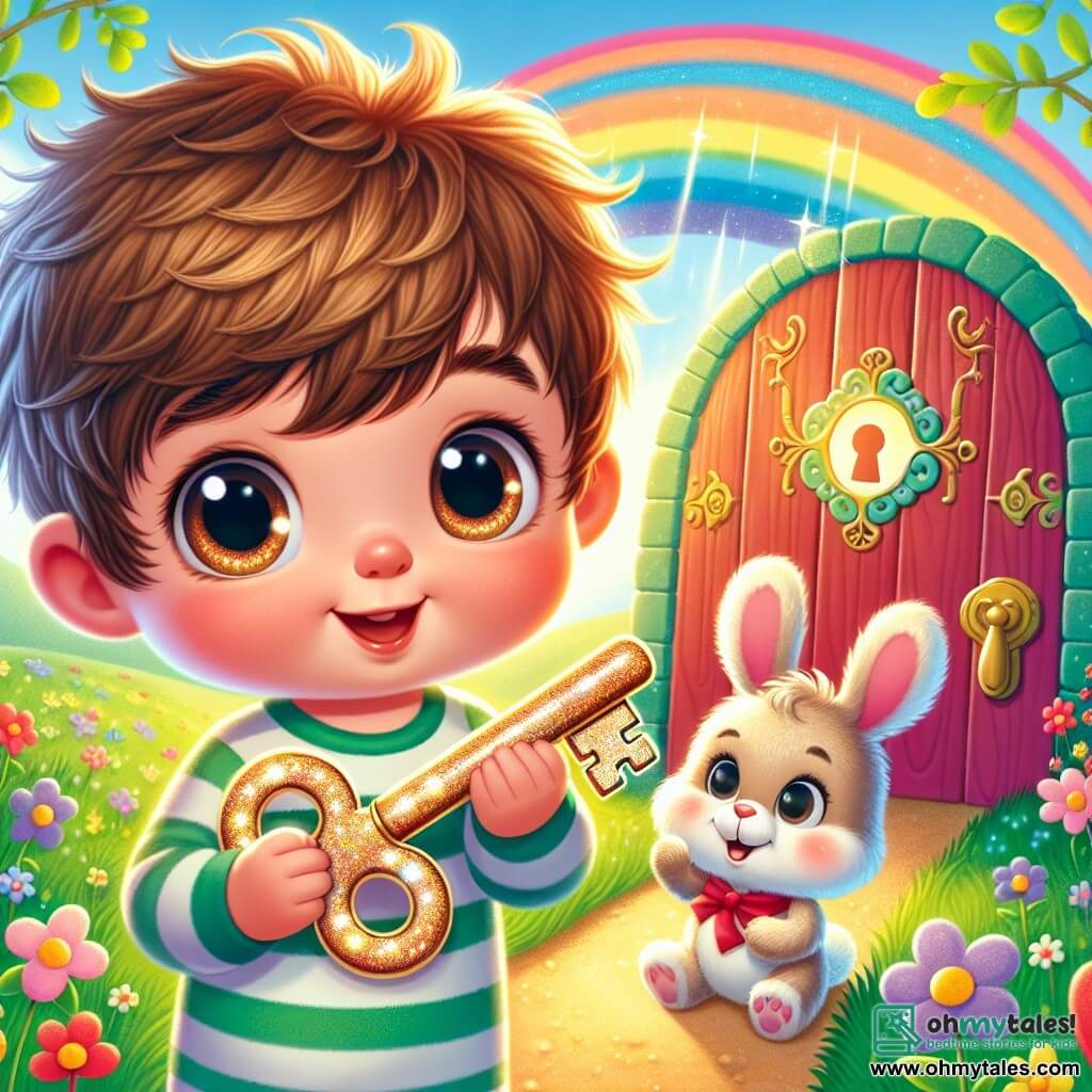 A 2-year-old boy named Max, with messy brown hair and sparkling curious eyes, holds a shiny key in his hand. He has a big, amazed smile on his face, with round rosy cheeks. Next to him is his teddy bear, Teddy, with soft beige fur and bright eyes, looking encouragingly at him. In the background, a friendly rabbit with large ears and white fur stands near a green tree, watching Max with a curious expression. The rabbit is small, with a pink nose and bright eyes, ready to help Max on his adventure. The scene takes place at the foot of a bright rainbow shining above a large wooden door adorned with colorful patterns. The ground is covered in soft green grass, dotted with colorful flowers gently dancing in the wind. Max, with Teddy by his side, stands in front of the door, ready to insert the key into the lock, his face radiating excitement and anticipation. It's a magical moment filled with promises of adventures to come.