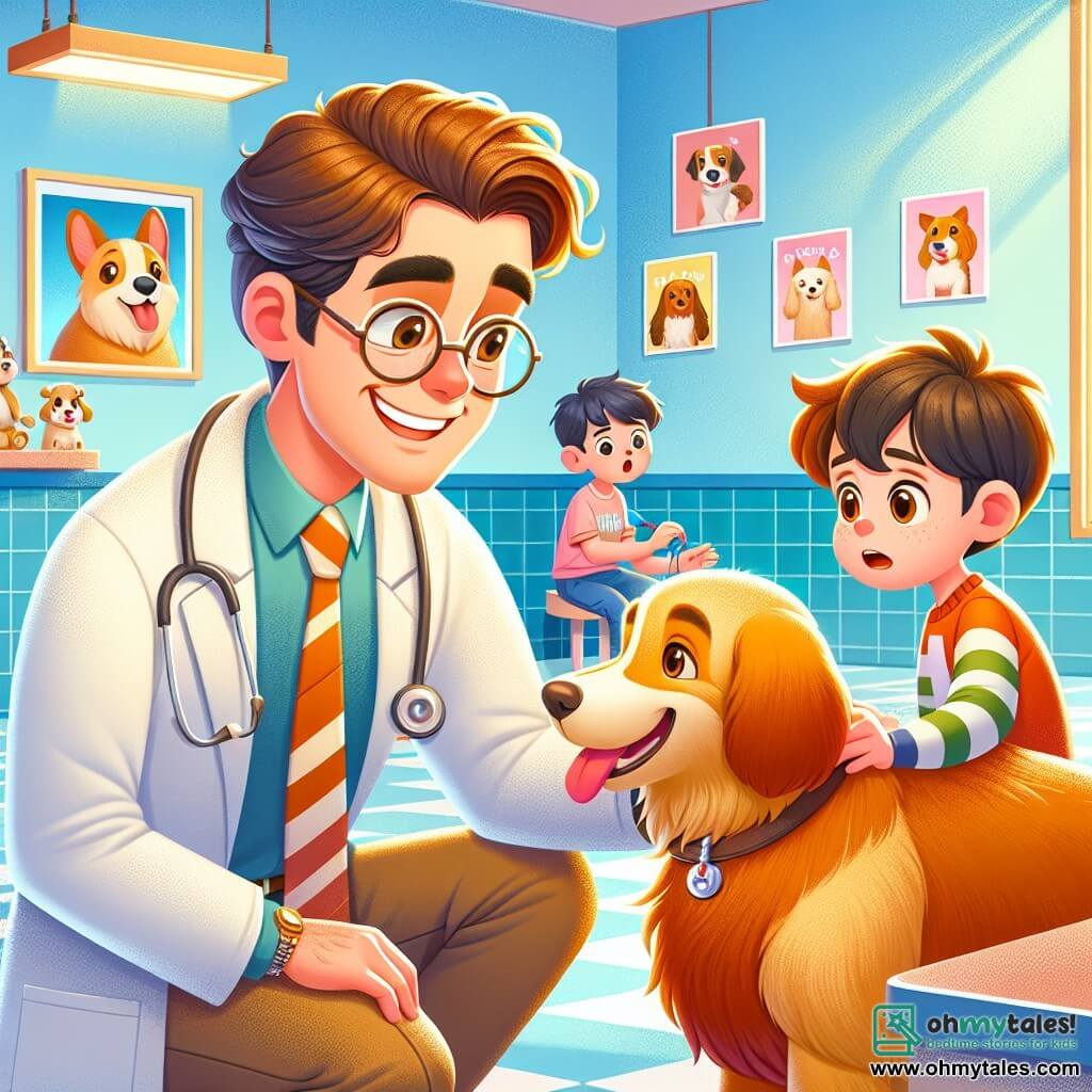 A smiling and warm male veterinarian, Dr. Ben, with slightly tousled brown hair and round glasses, is crouched next to a large Golden Retriever named Max. Wearing a white coat, he appears focused and caring, gently examining Max's belly with a soft hand. Next to him, a nine-year-old boy, Timmy, with brown hair and sparkling eyes, watches in fascination, holding a plastic stethoscope. The setting is a bright and welcoming veterinary clinic with pastel blue walls, cheerful animal posters, and scattered pet toys on the floor. A large window lets in sunlight, illuminating the room. The main scene shows Dr. Ben caring for Max, who looks happy and relaxed, while Timmy eagerly learns, ready to become a future veterinarian.