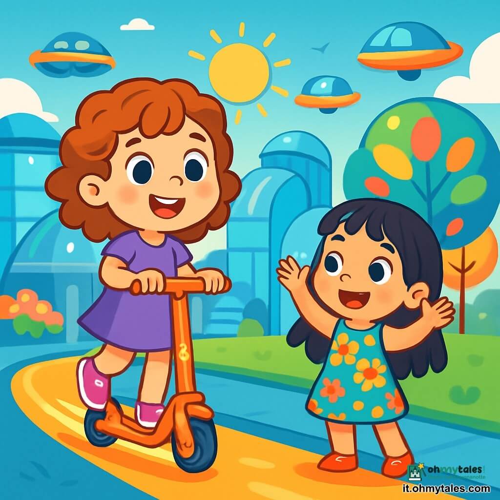 Una bambina di 6 anni, di nome Viola, con grandi occhi azzurri pieni di curiosità e capelli ricci castano chiaro, è gioiosamente in equilibrio su un monopattino solare. Sorride ampiamente, con le guance arrossate dall'eccitazione, mentre scivola su una strada brillante della città futuristica. Accanto a lei, Lila, un'altra bambina di 6 anni con capelli lisci e neri, indossa un vestito colorato decorato con motivi floreali e applaude entusiasta. La scena principale mostra Viola che, con un'esplosione di gioia, si lancia sul suo monopattino, lasciando dietro di sé una scia di luce arancione.